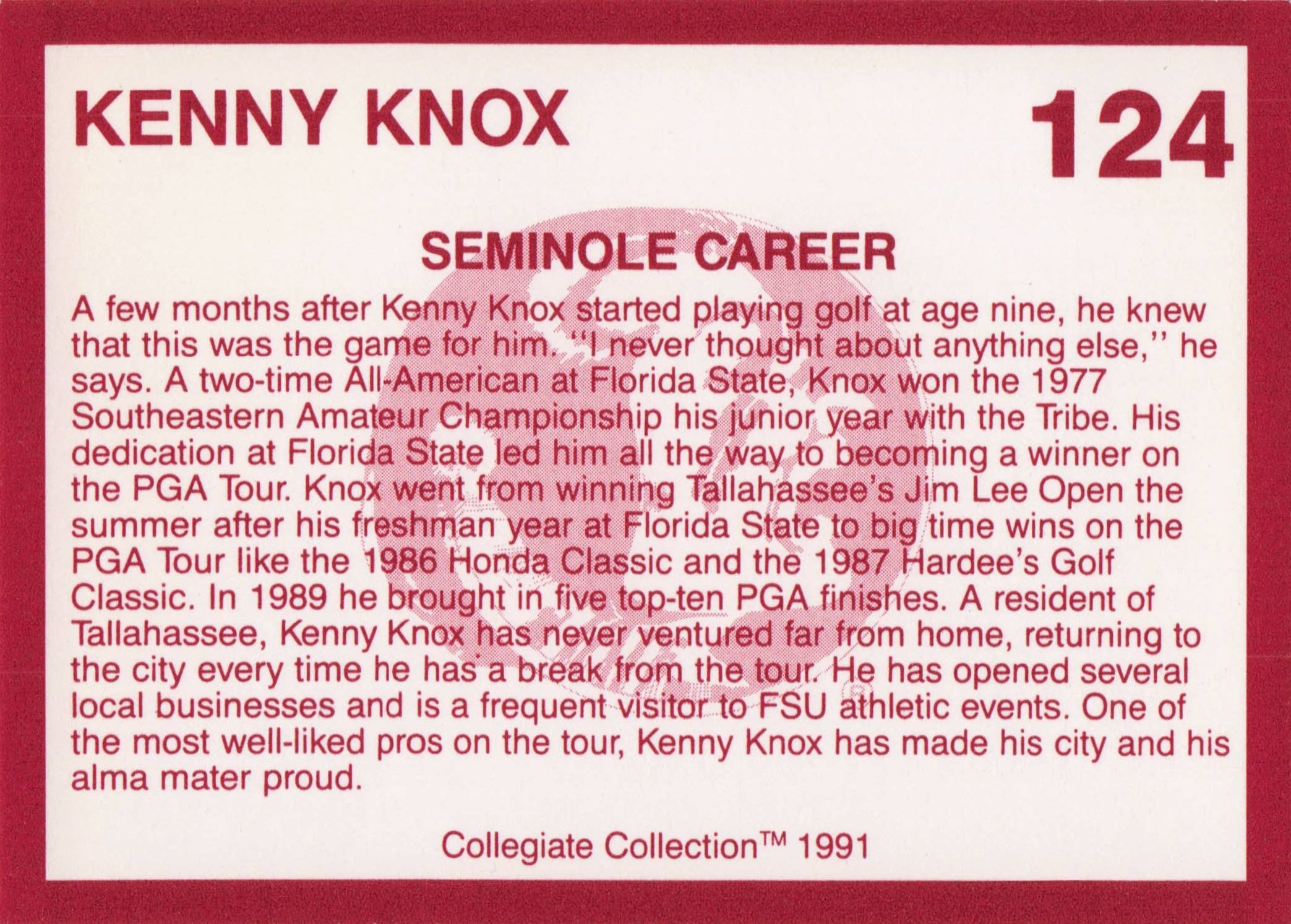 Kenny Knox Florida State Collegiate Collection Rare Golf Trade Card