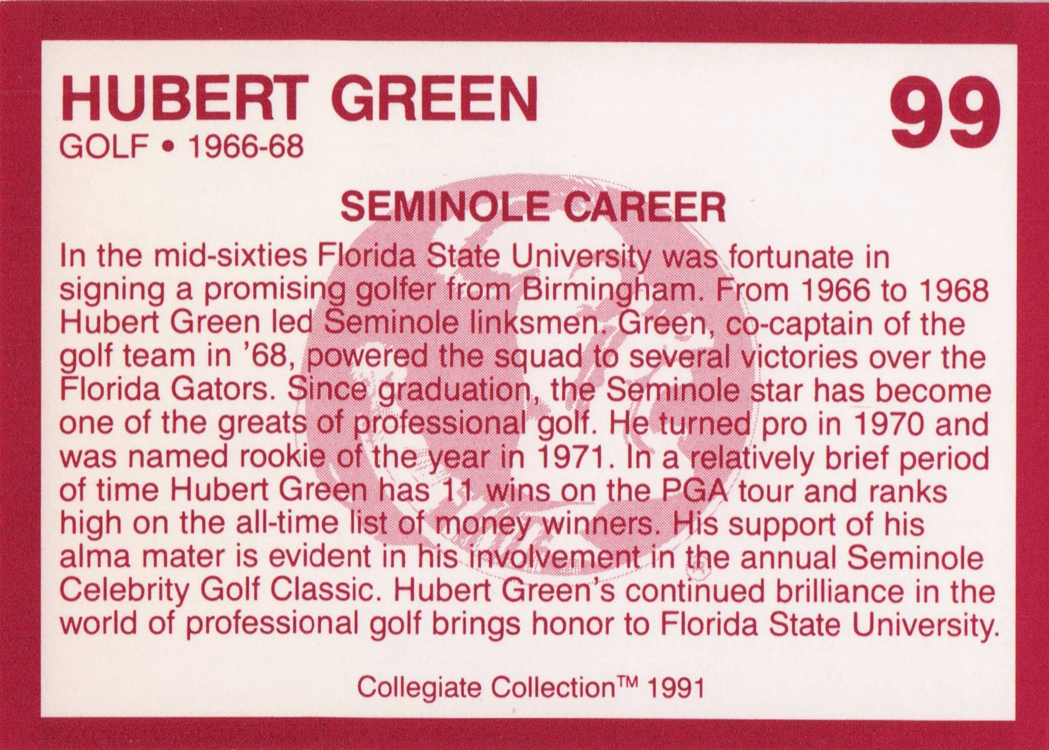 Hubert Green Florida State Collegiate Collection Rare Golf Trade Card