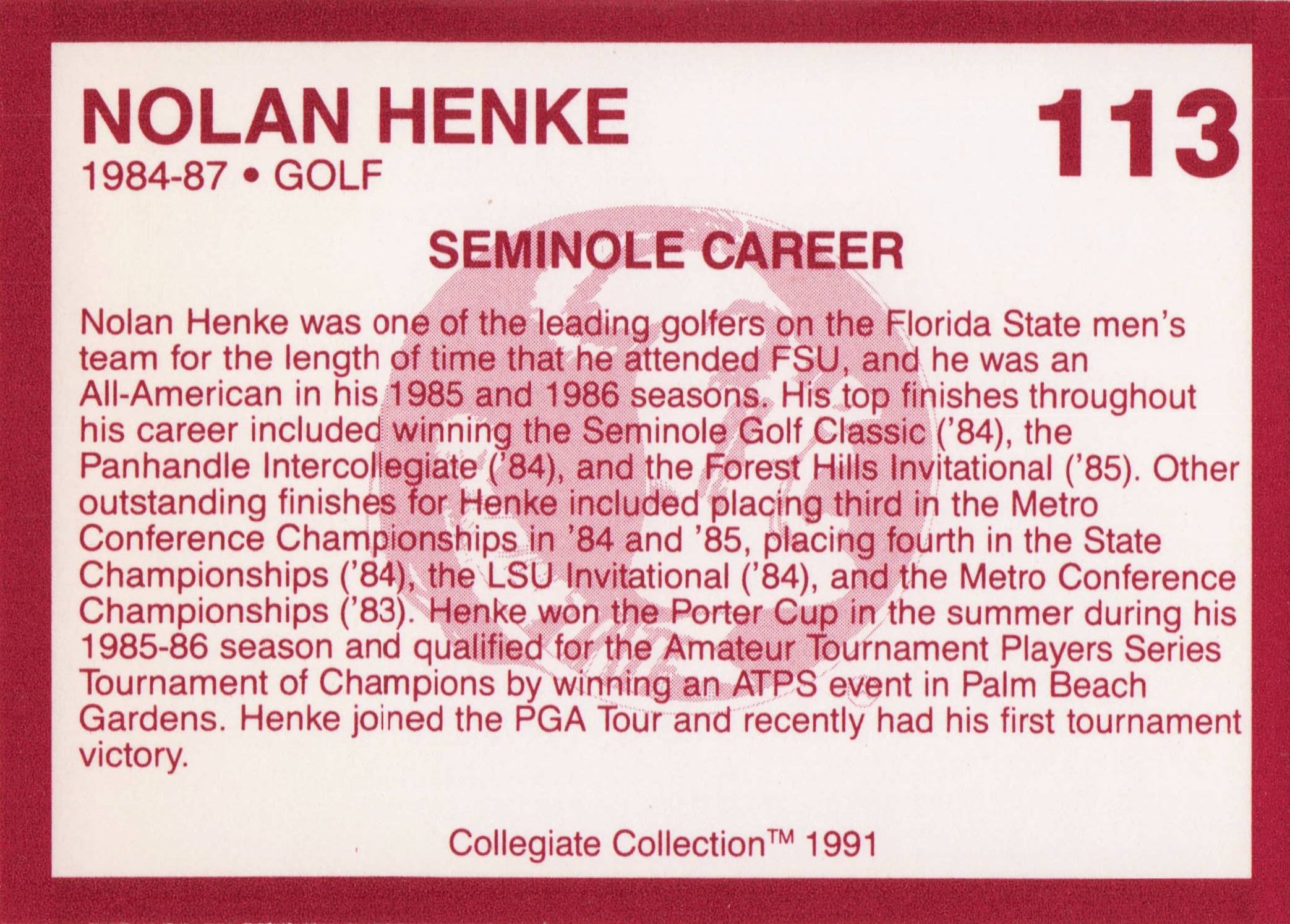 Nolan Henke Florida State Collegiate Collection Rare Golf Trade Card