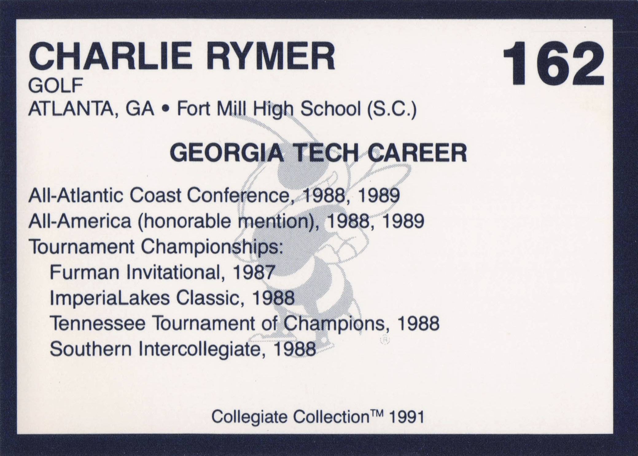 Charlie Rymer Georgia Tech Collegiate Collection Rare Golf Trade Card