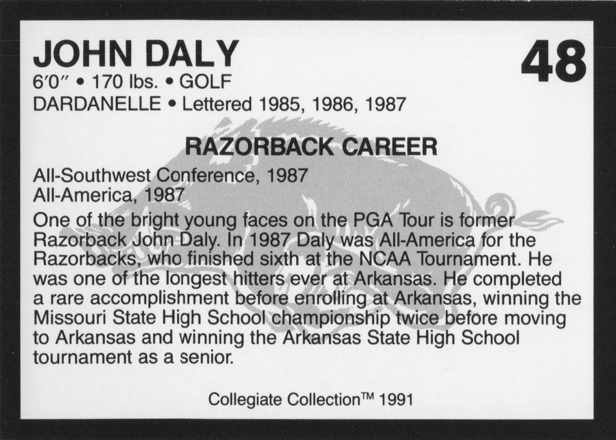 John Daly Arkansas Collegiate Collection Rare Golf Trade Card
