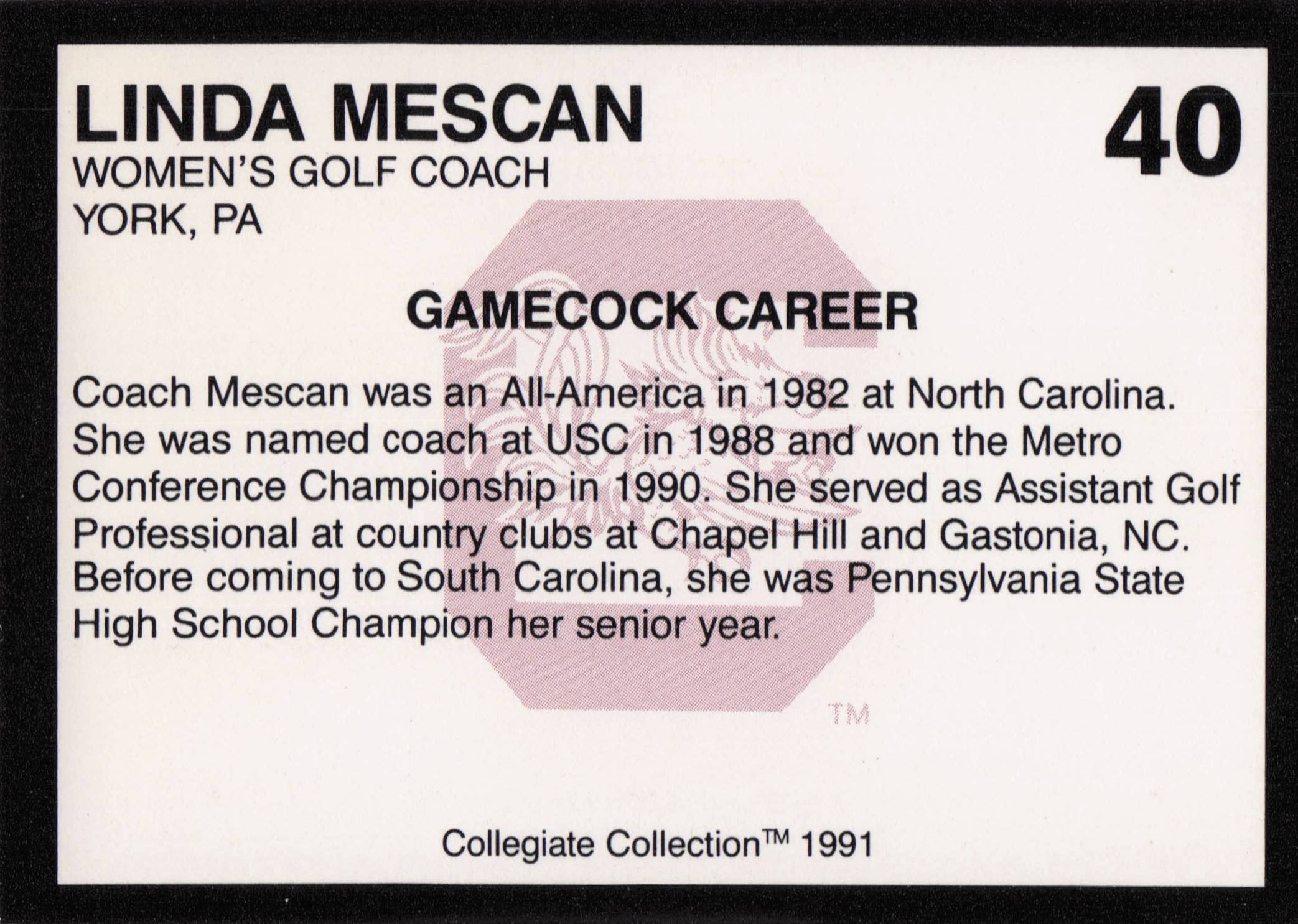 Linda Mescan South Carolina Collegiate Collection Rare Golf Trade Card
