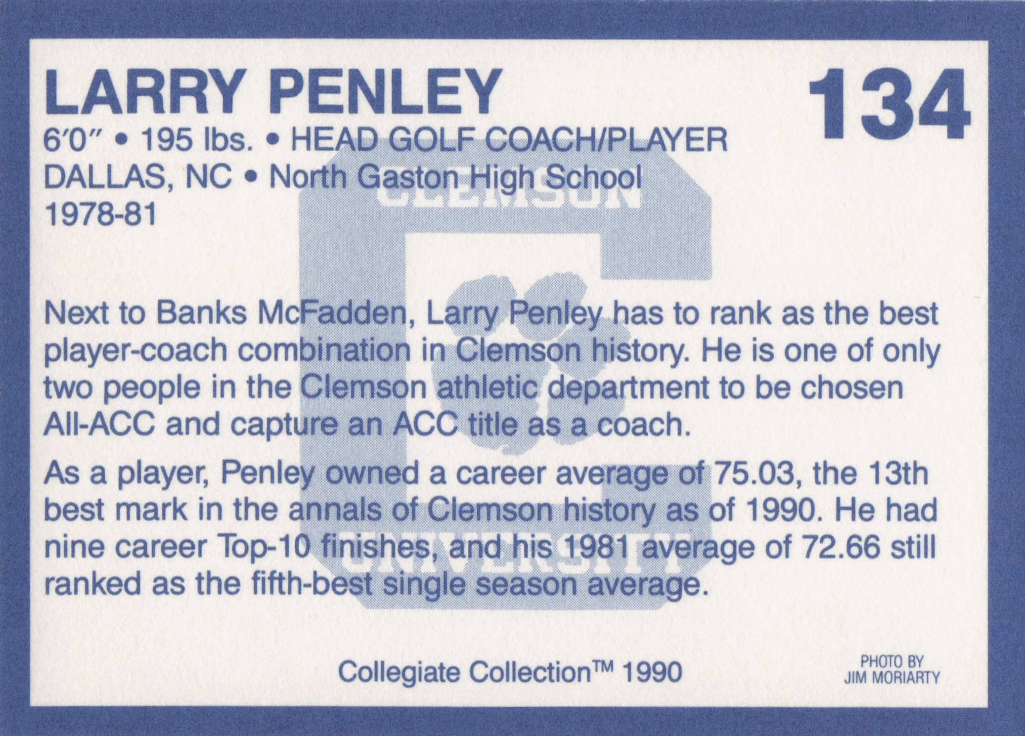 Larry Penley Clemson Collegiate Collection Rare Golf Trade Card