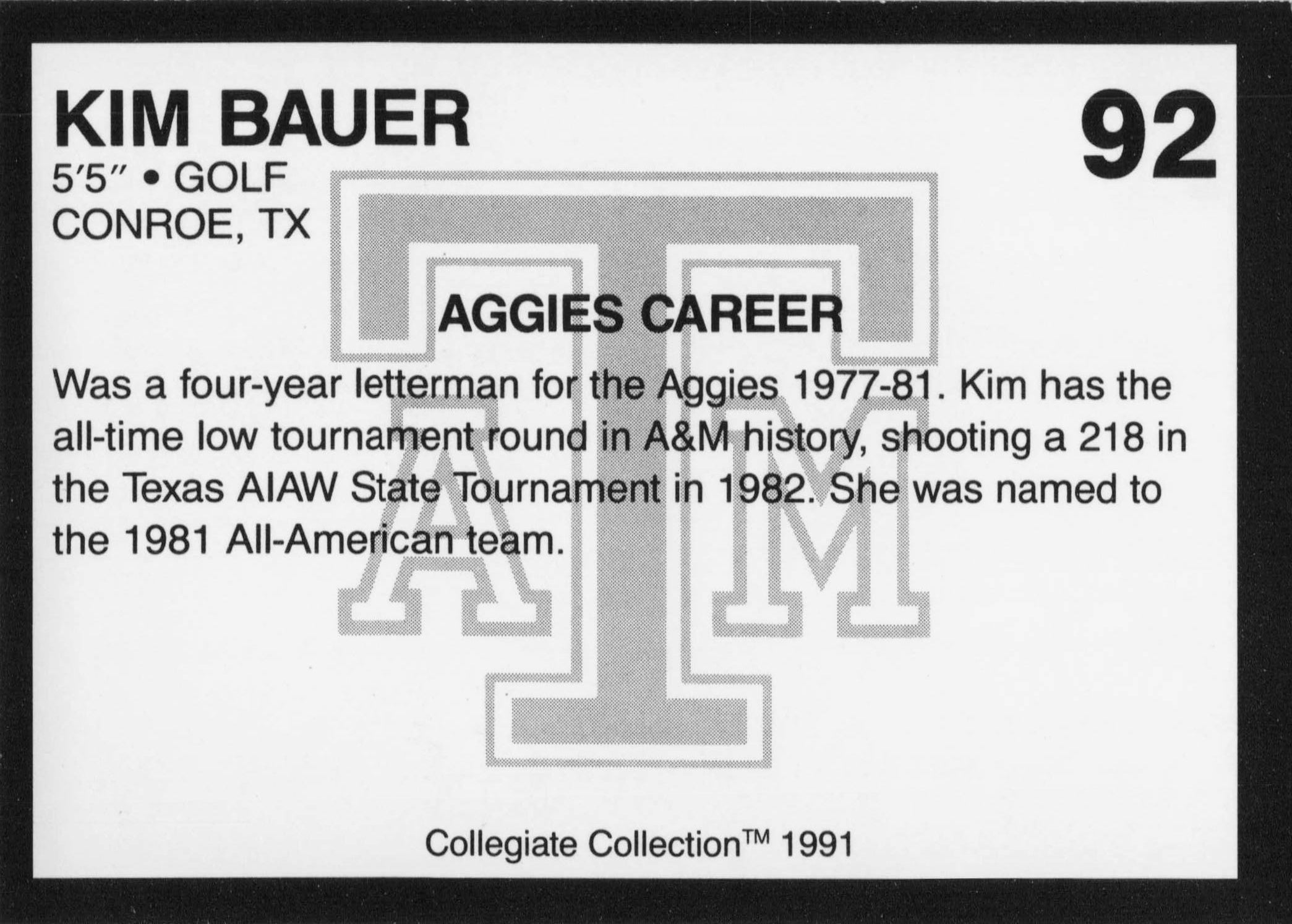 Kim Bauer Texas A&M Collegiate Collection Rare Golf Trade Card