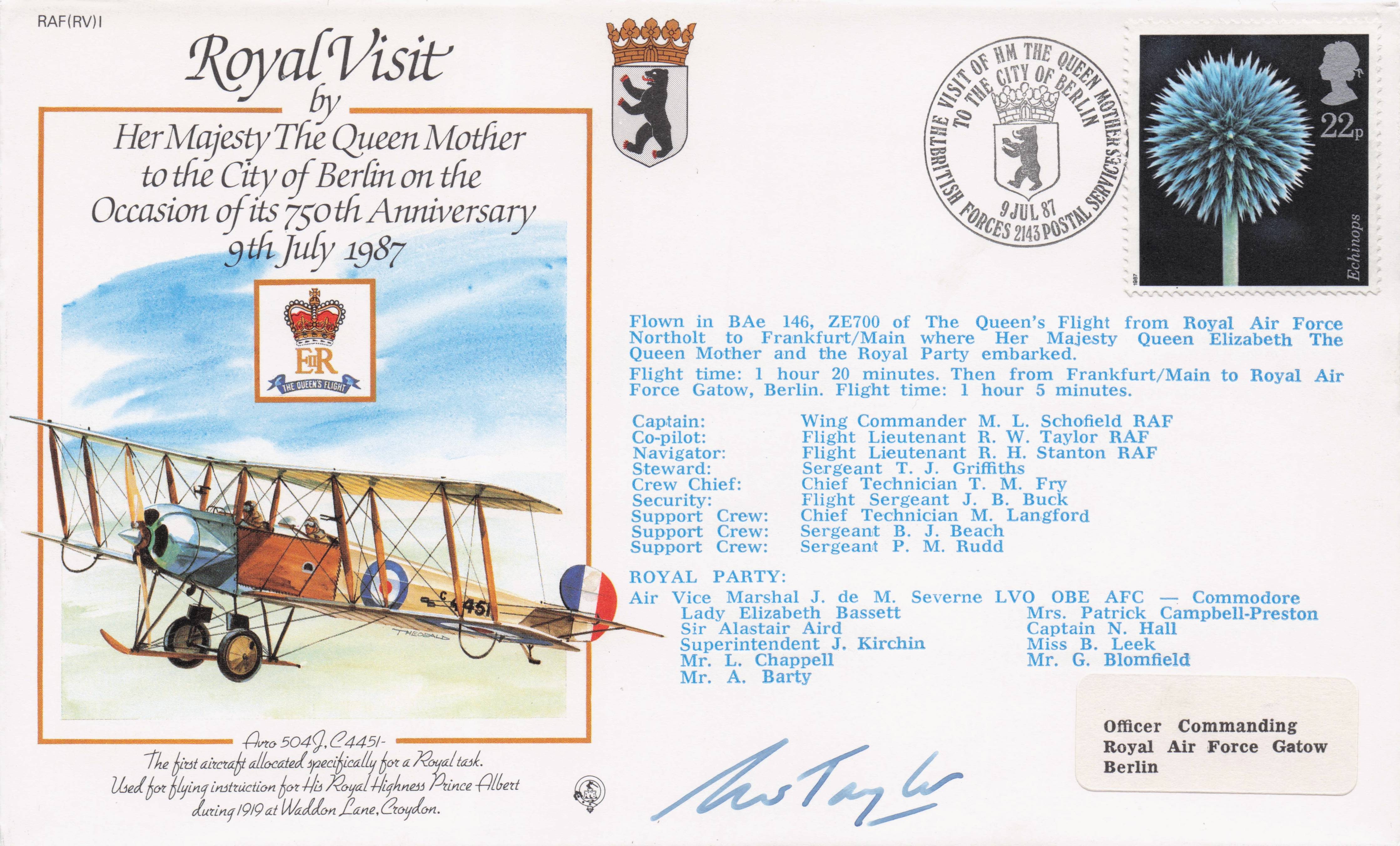Queen Elizabeth II Mother Royal Visit Berlin Germany 1987 Hand Signed FDC