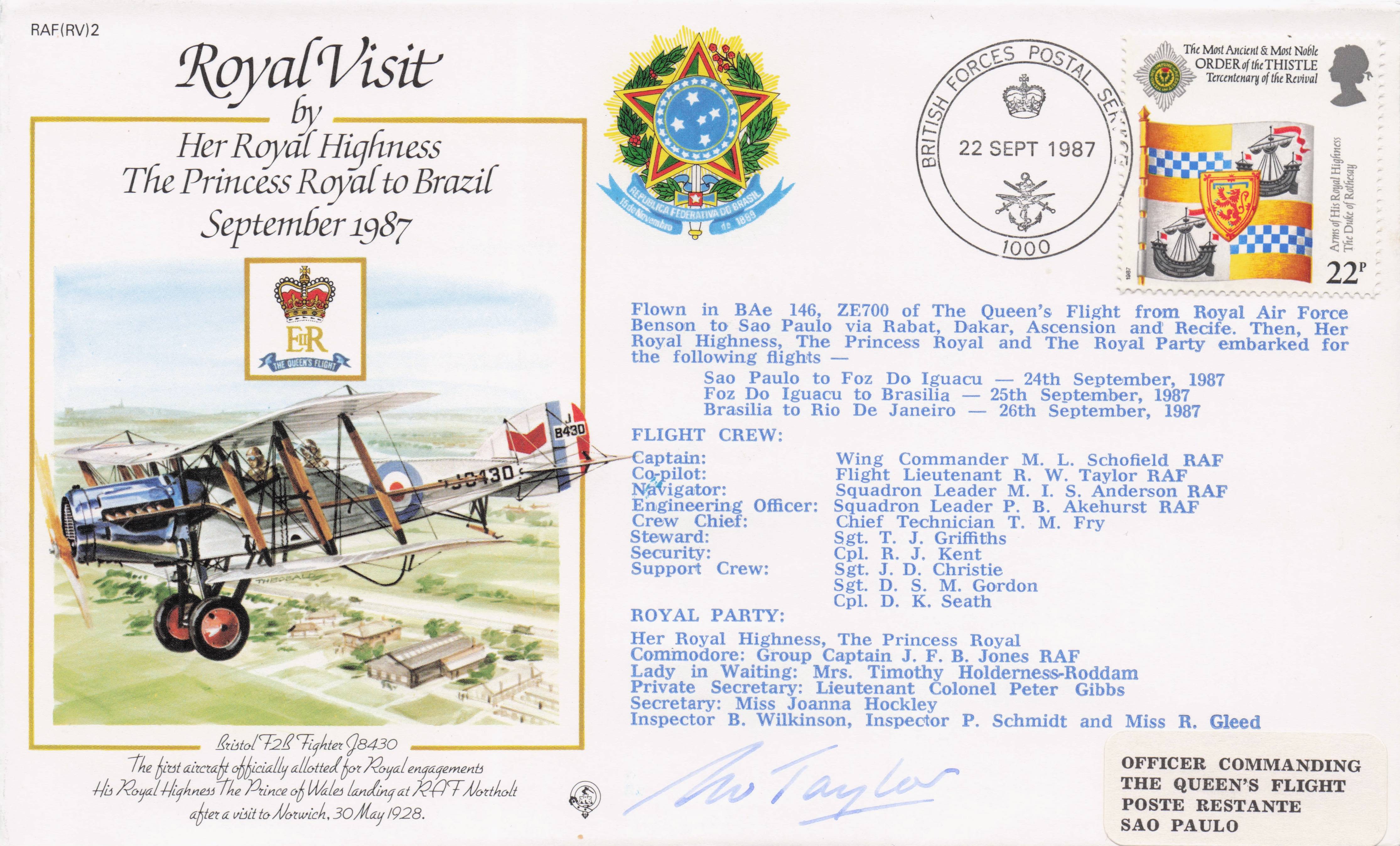 Princess Diana Royal Visit To Brazli 1987 Military Hand Signed FDC