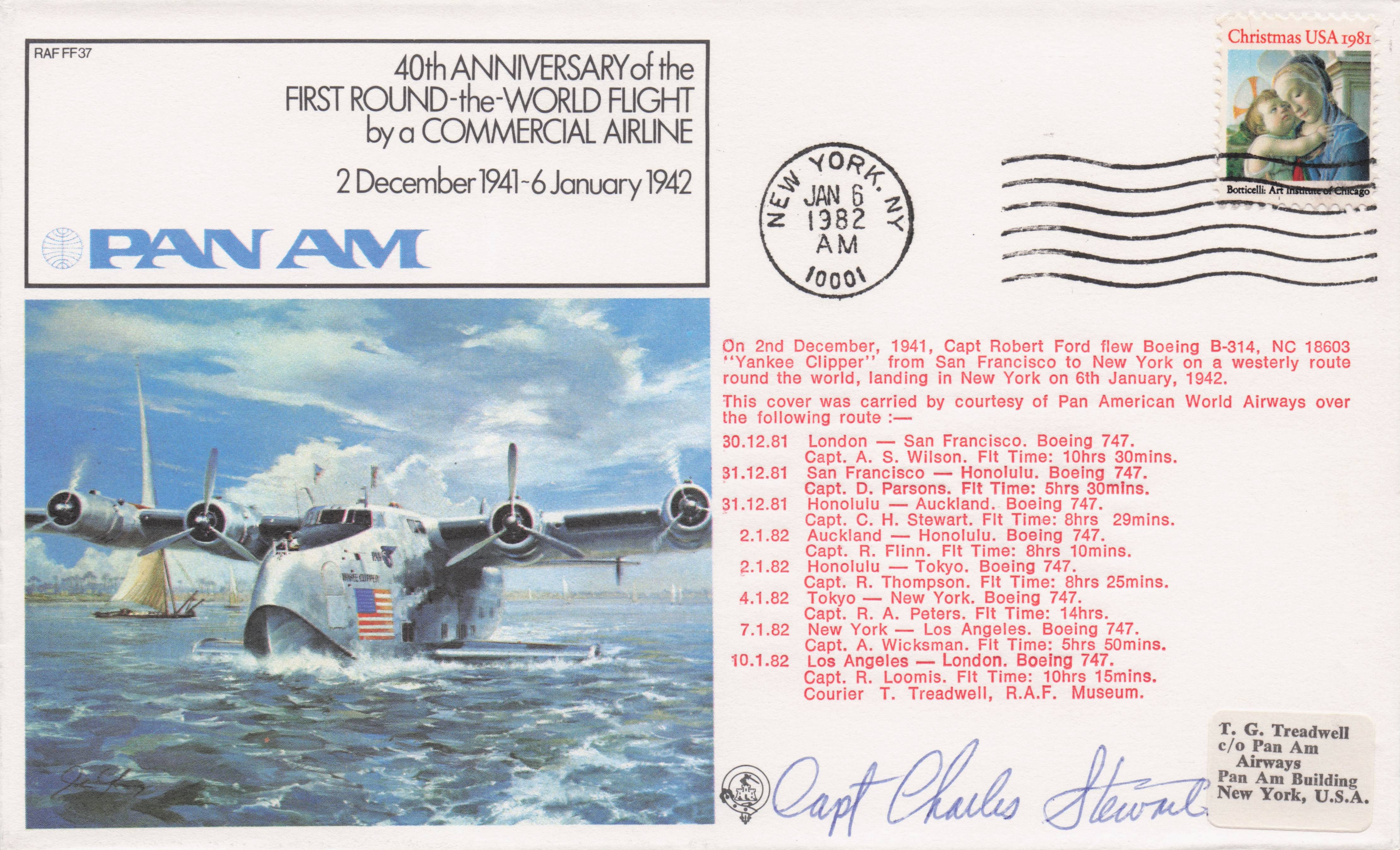 40th Anniversary 1942 First Round The World Airline Flight Hand Signed FDC