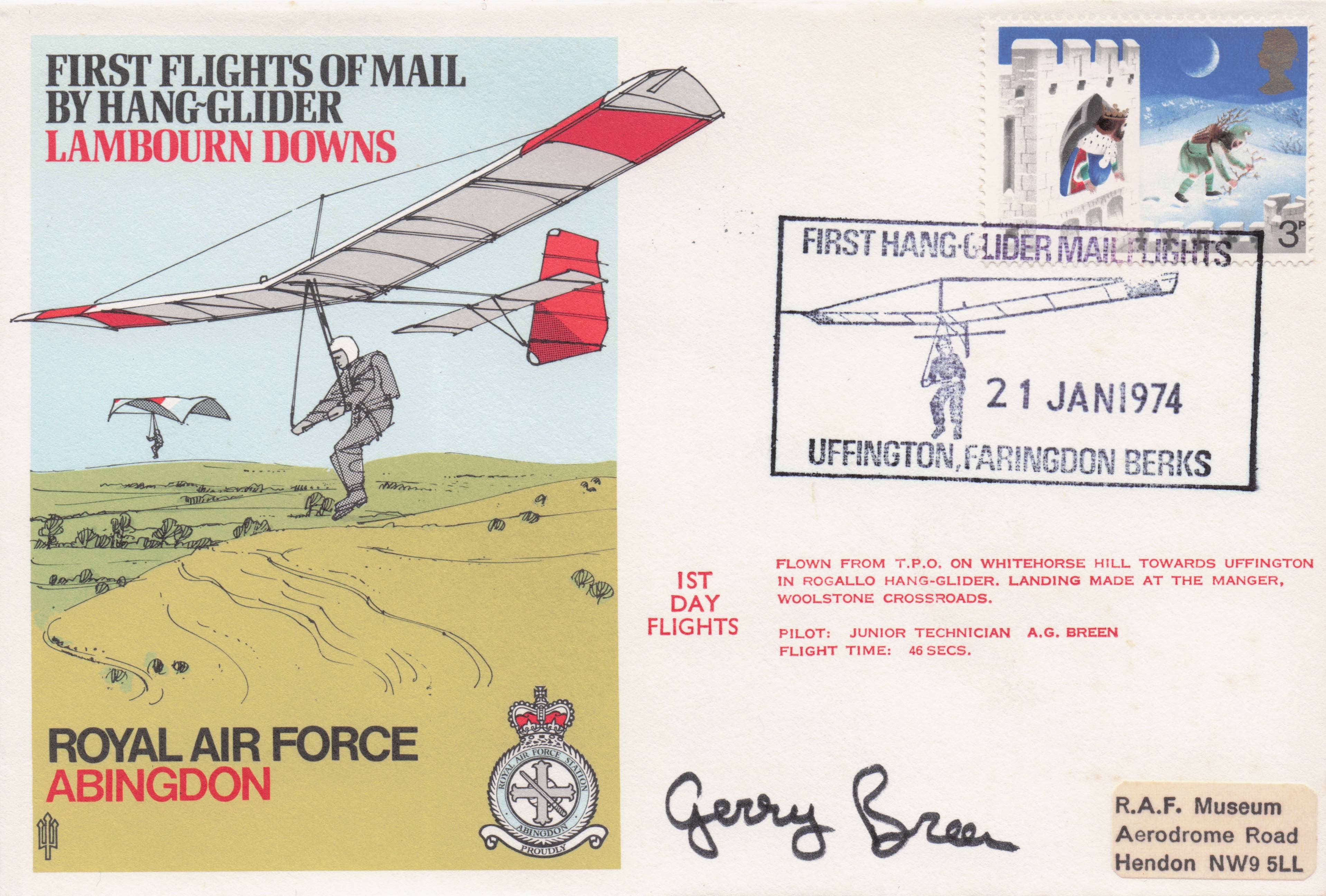 RAF Abingdon First Mail Hang Glider Delivery Lamourn Downs Hand Signed FDC