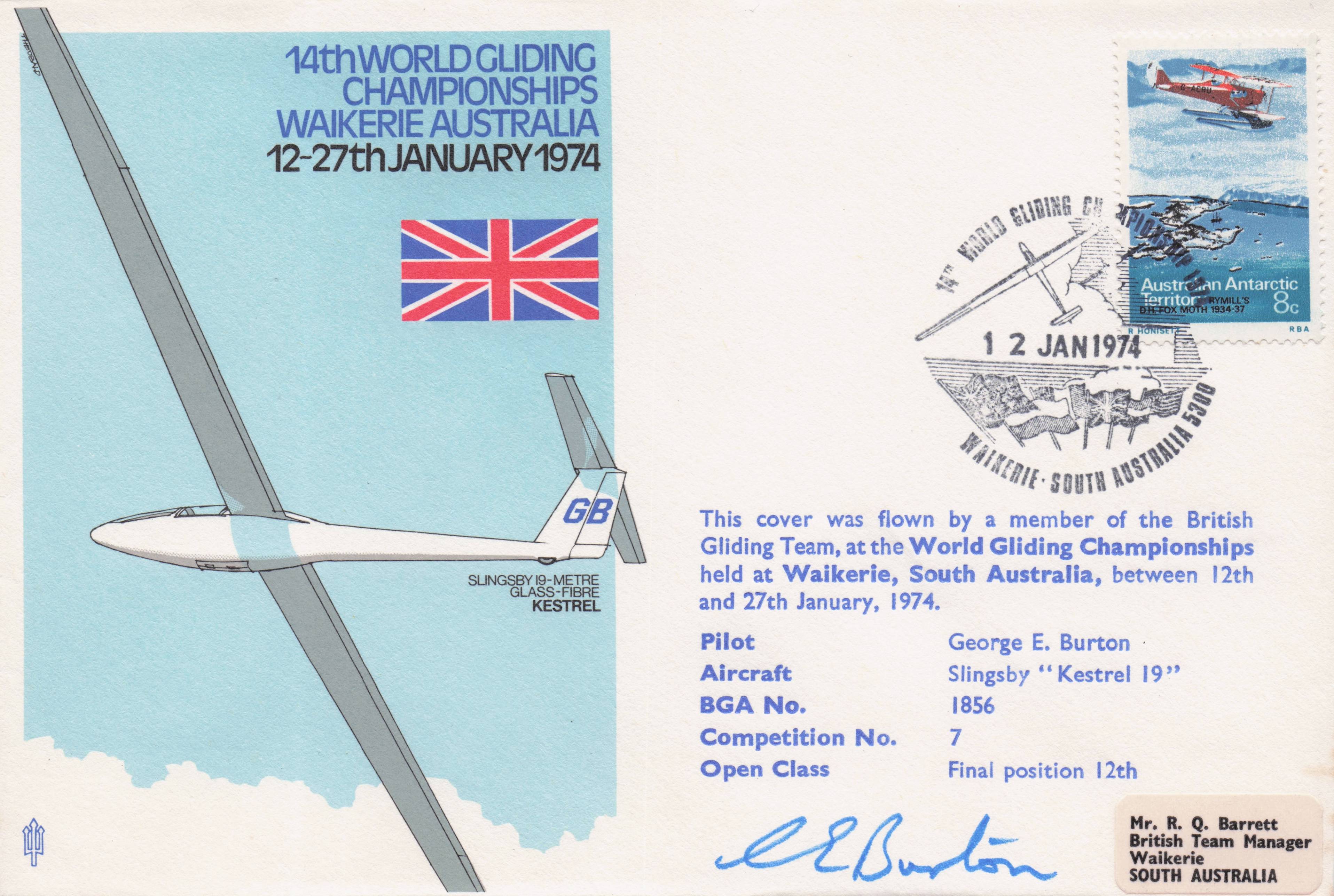 World Gliding Championships Anniversary Waikerie Australia Hand Signed FDC