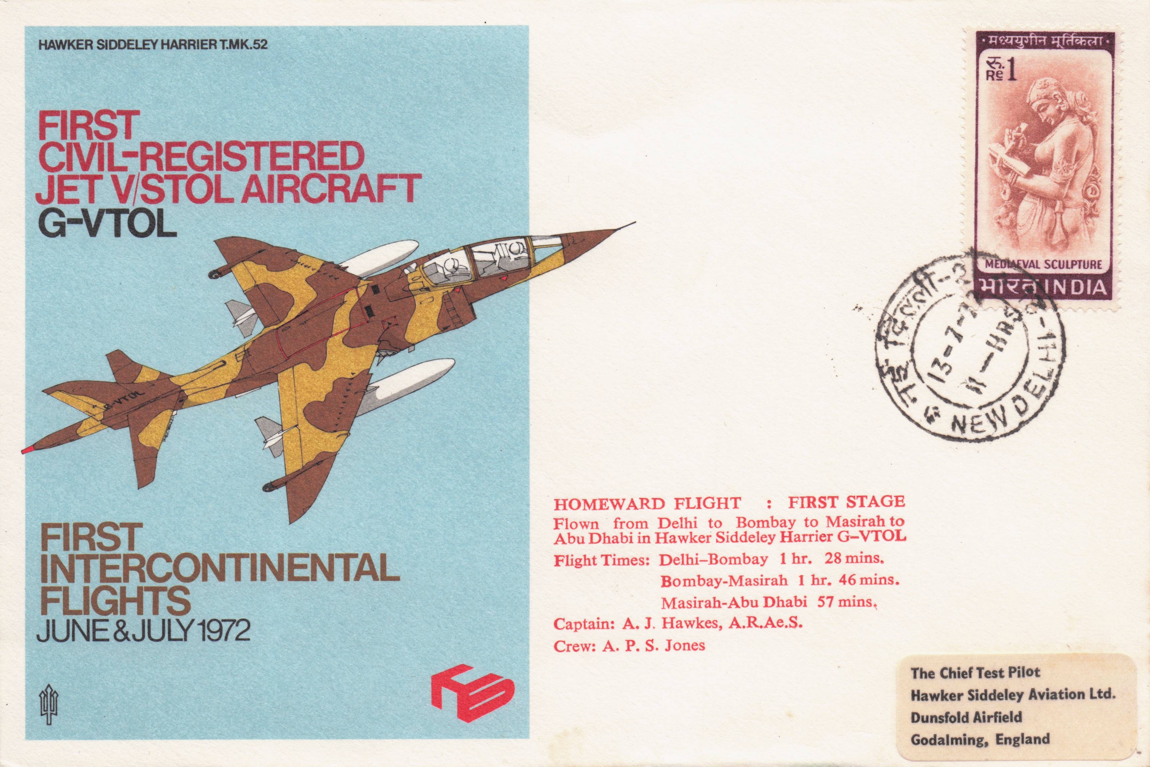 First Civil Registered Jet Aircraft New Delhi India Frank Flown FDC