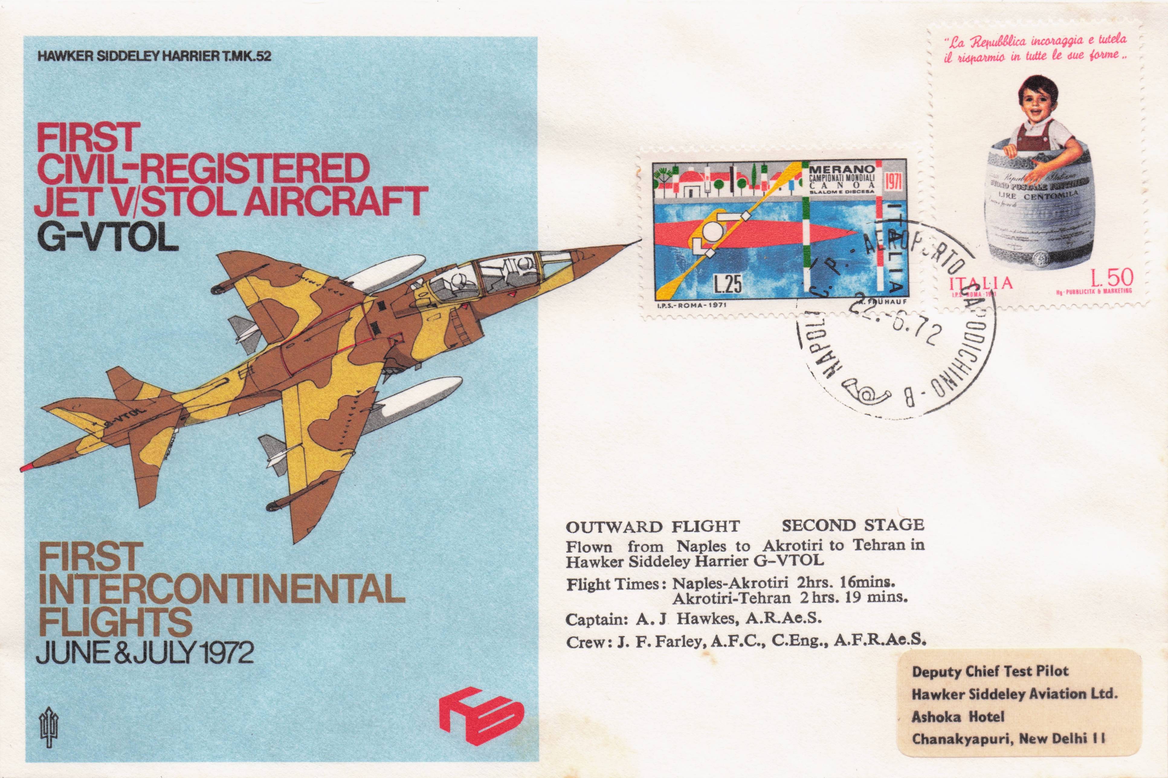 First Civil Registered Jet Aircraft Naples Italy 1972 Frank Flown FDC