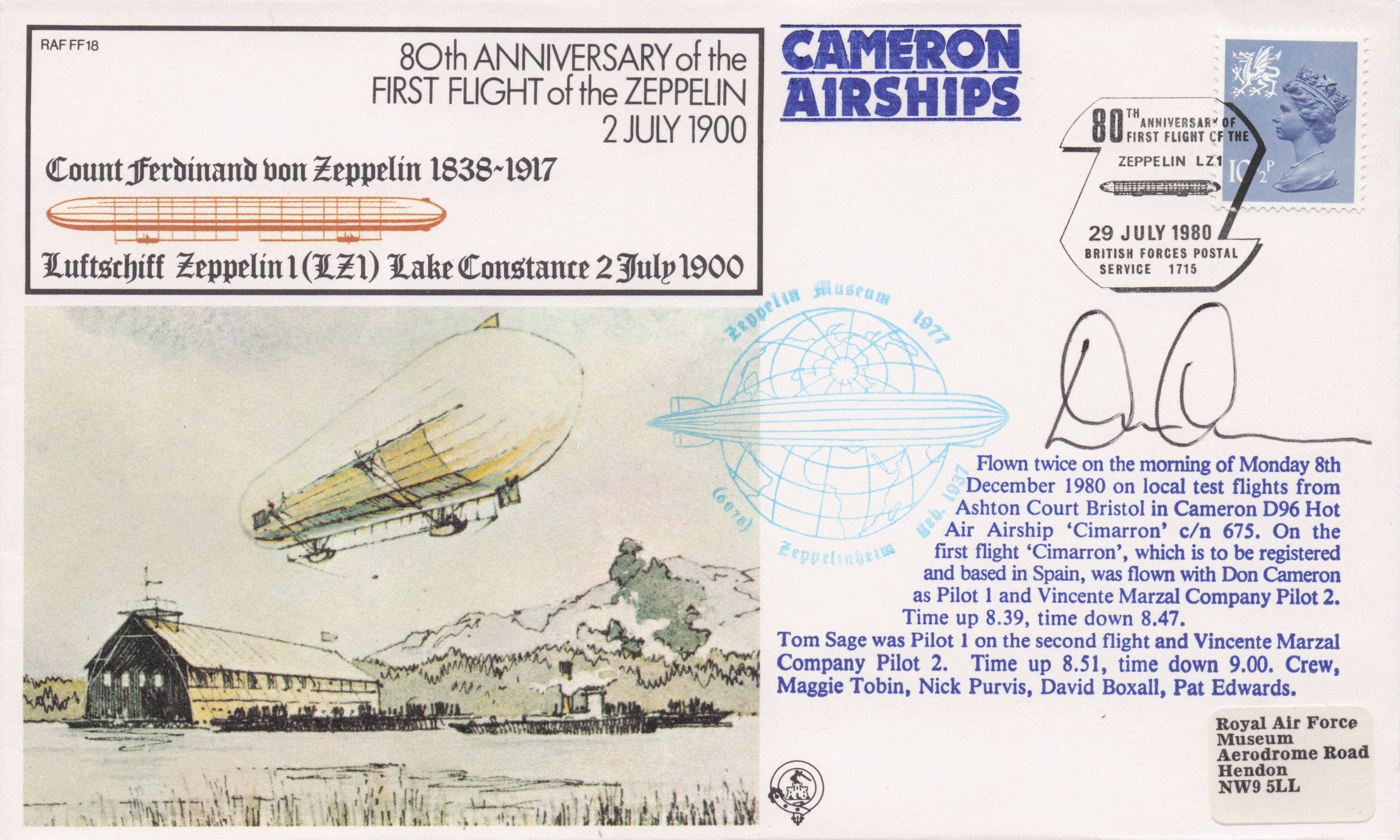 First Military Zeppelin Aircraft 1900 Flight 80th Anniversary Hand Signed FDC