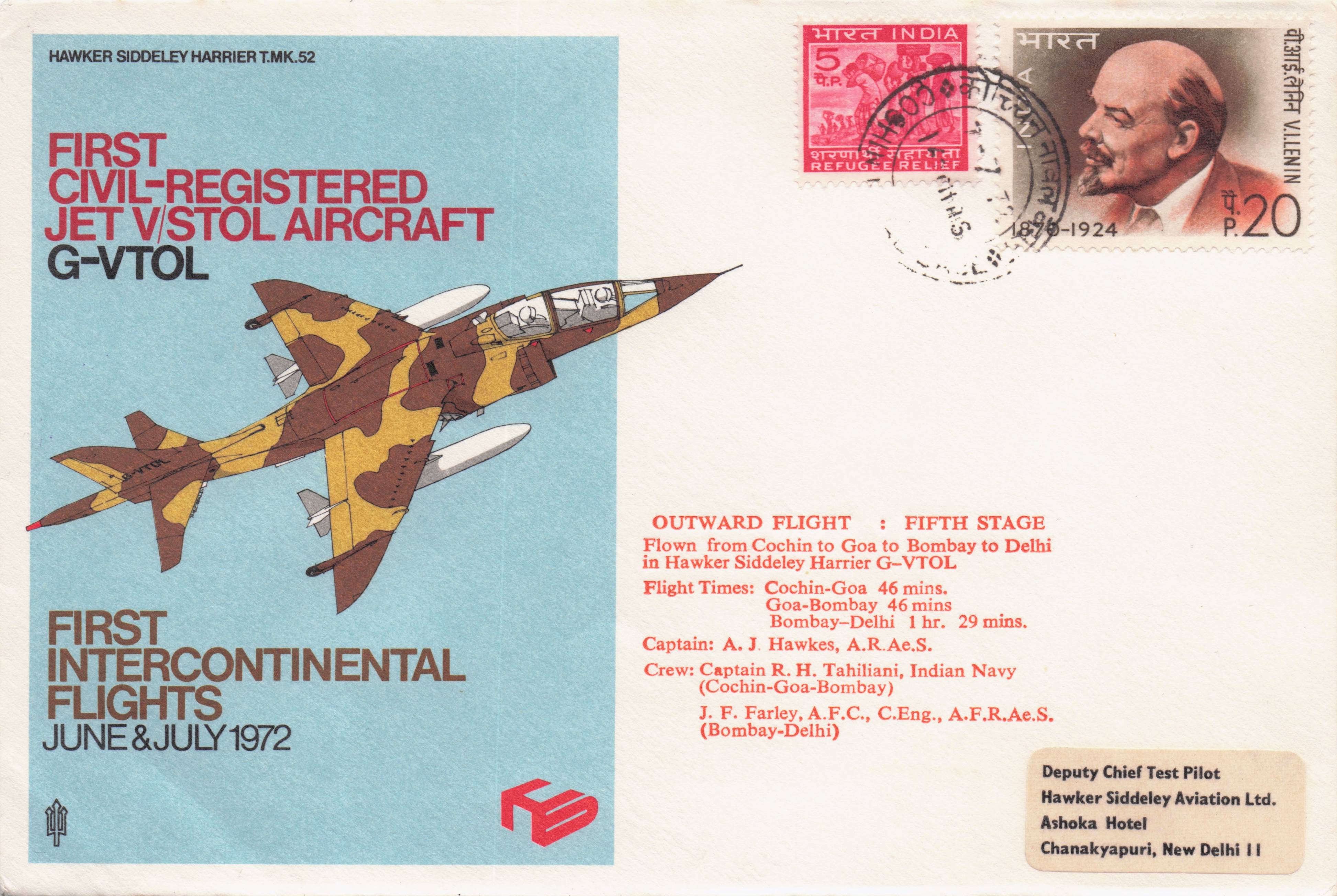 First Civil Registered Jet Aircraft Cochin Goa India Frank Flown FDC