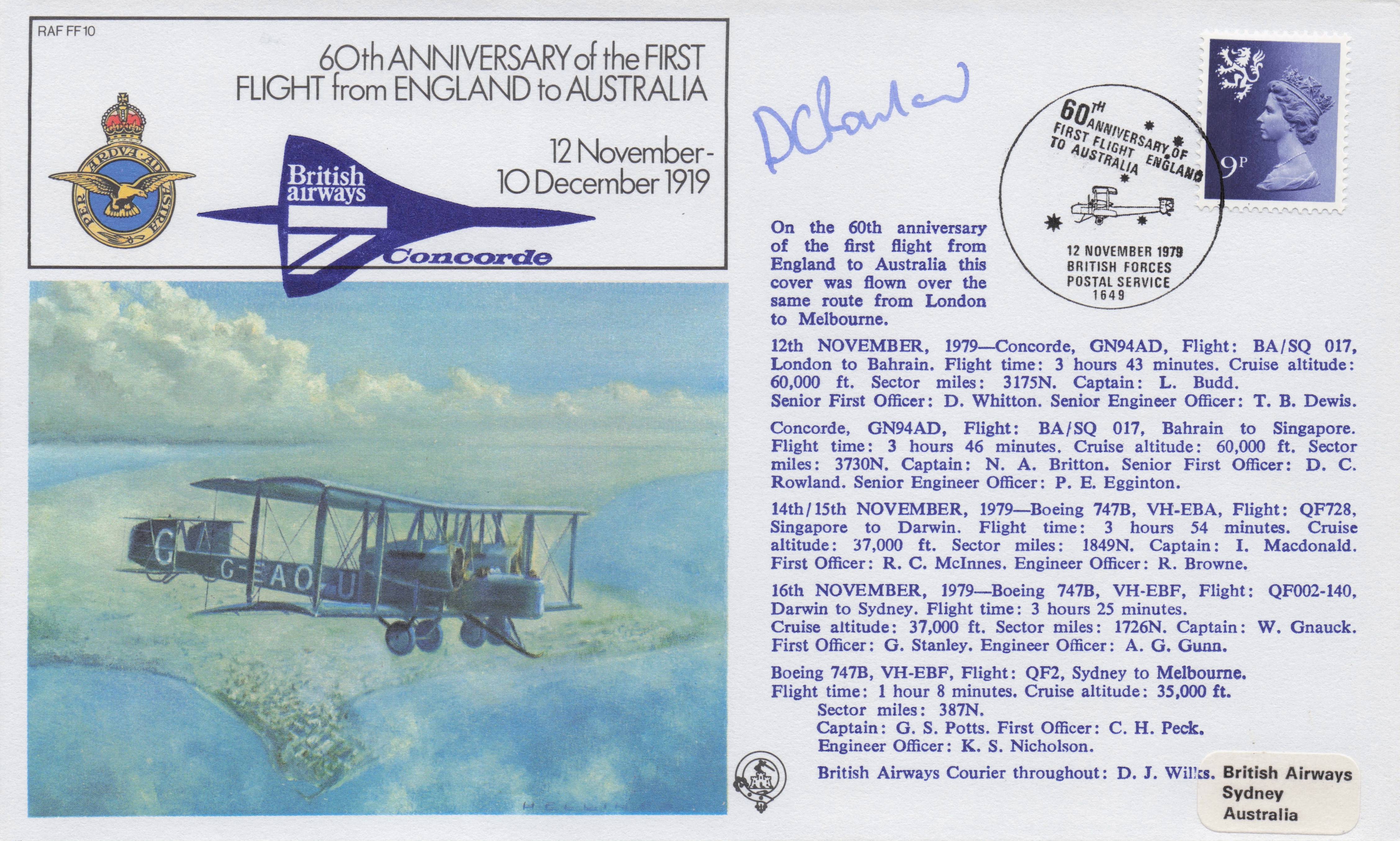 First 1919 England To Australia Plane Flight Anniversary Hand Signed FDC