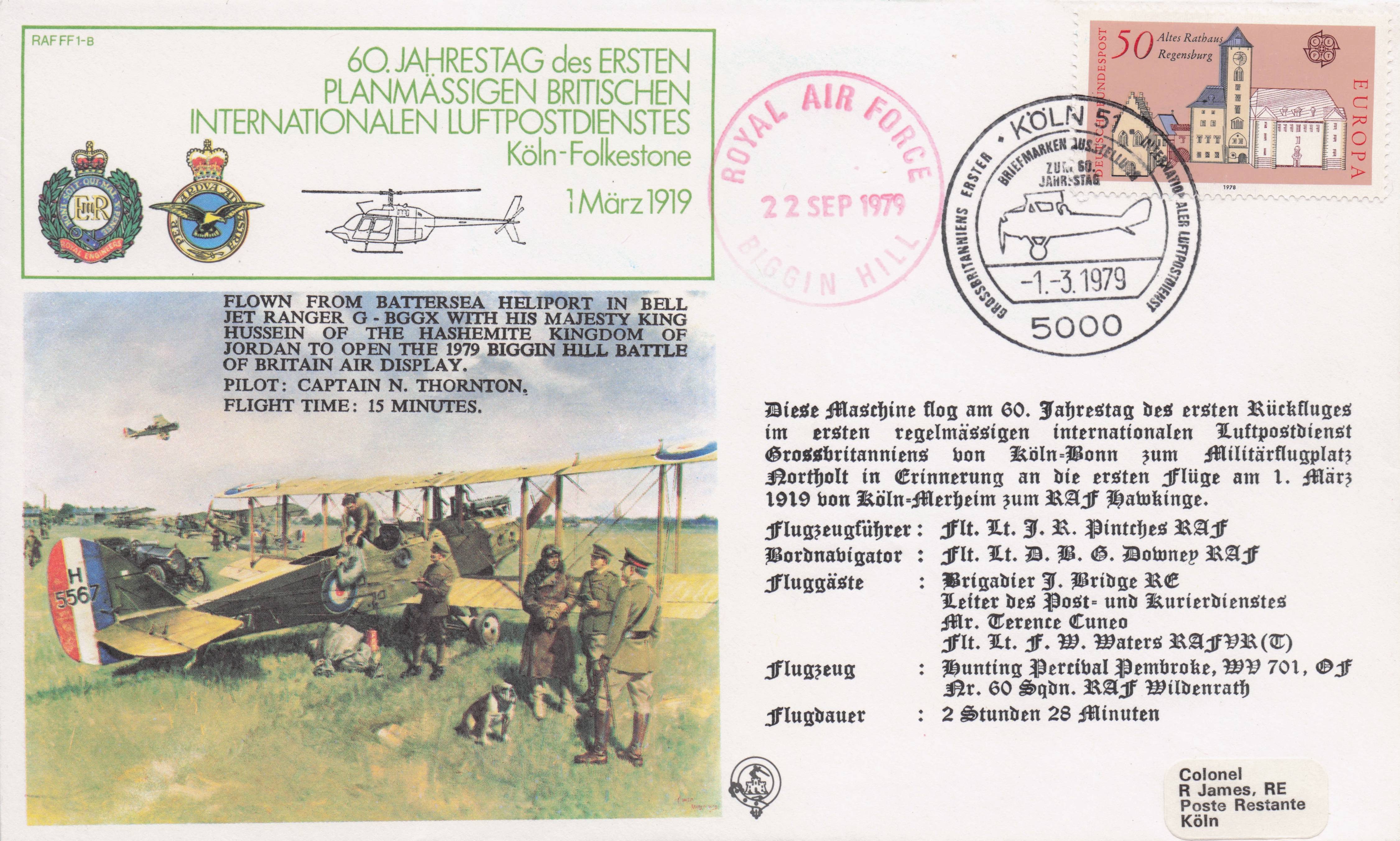 60th Anniversary Biggin Hill to Koln German 1979 Hendon Museum FDC