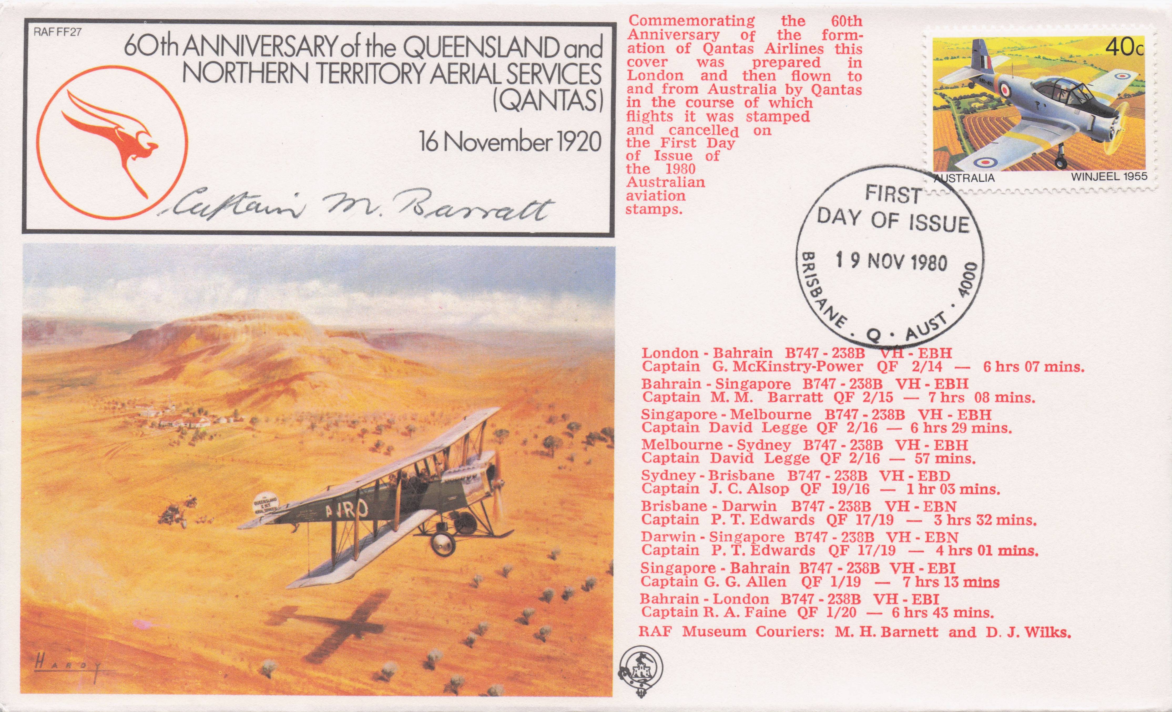 Queensland Australia Northern Territory 1920 Aerial Services Hand Signed FDC