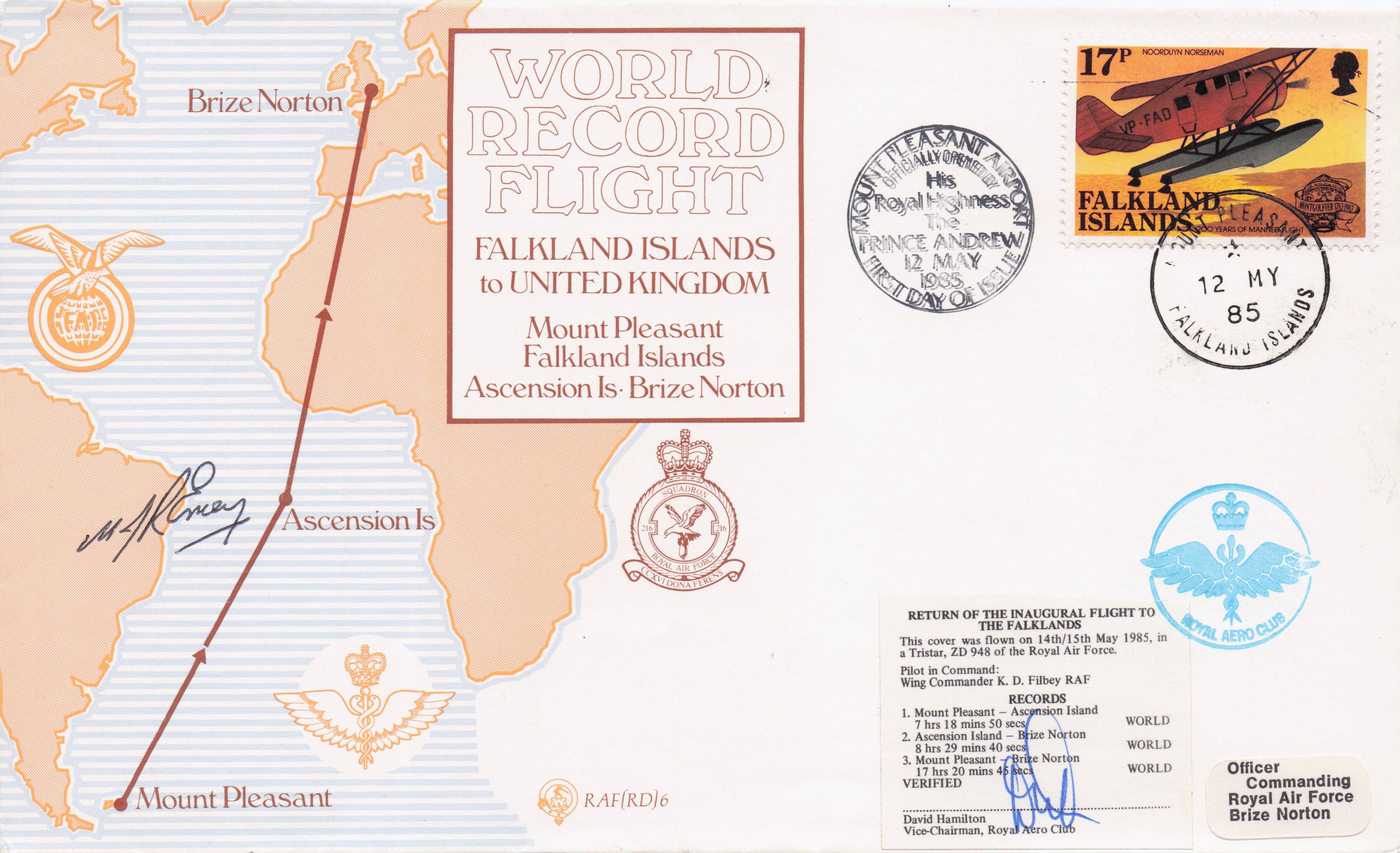 Falkland Islands War Ascension Islands Map World Record Flight Hand Signed FDC