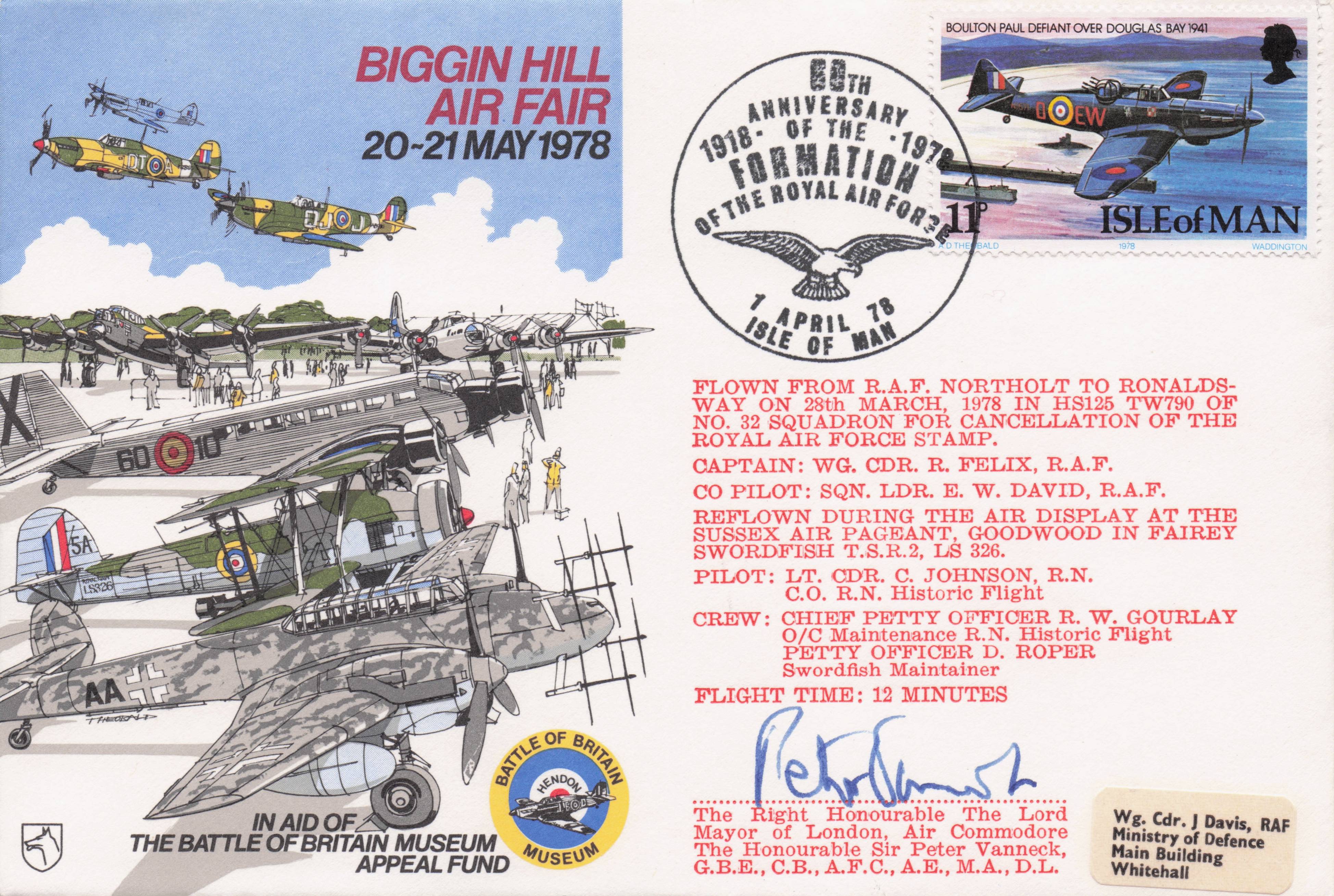 Biggin Hill RAF 1978 Military WW2 Air Flight Hand Signed London Mayor FDC