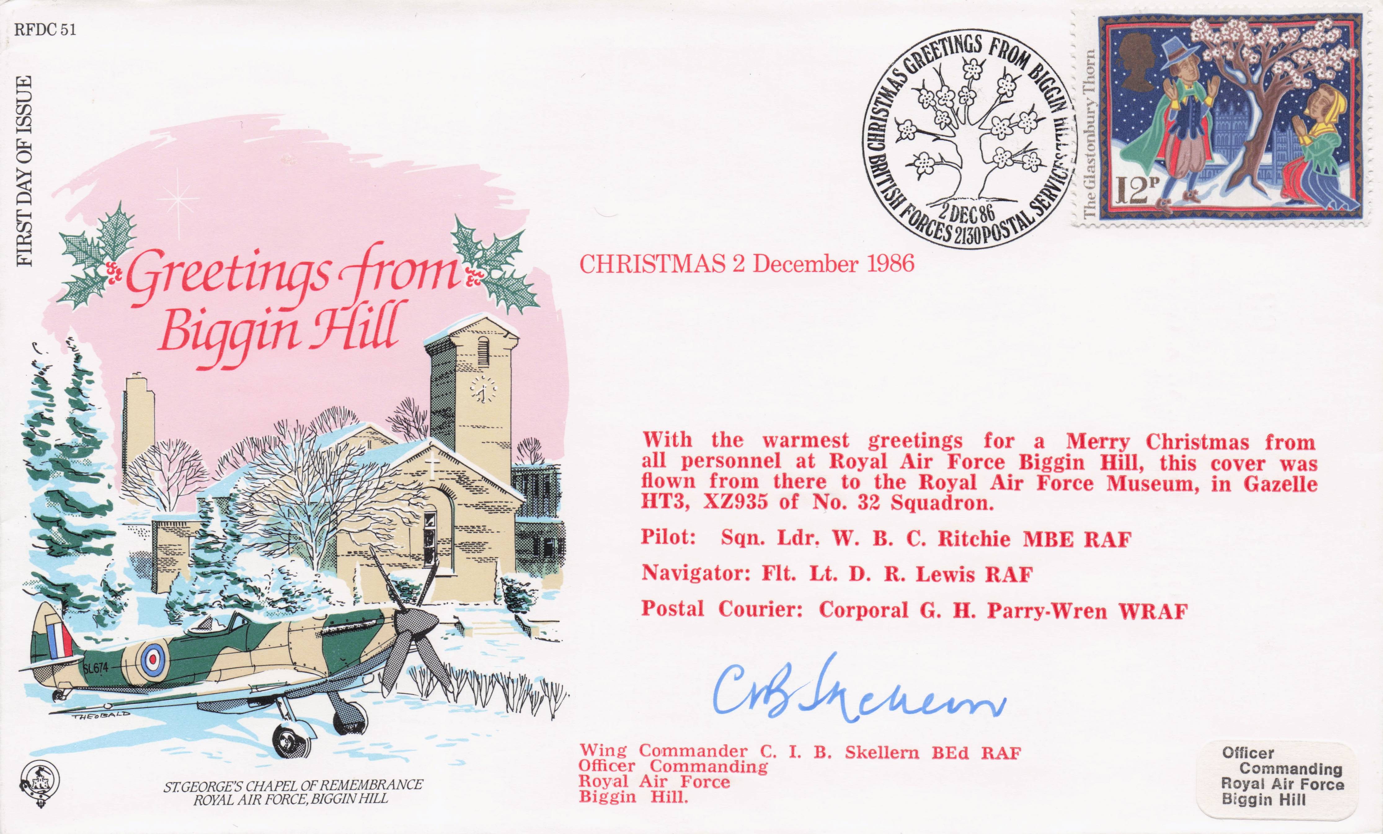Greetings From Biggin Hill RAF Wing Commander 1986 Christmas Hand Signed FDC