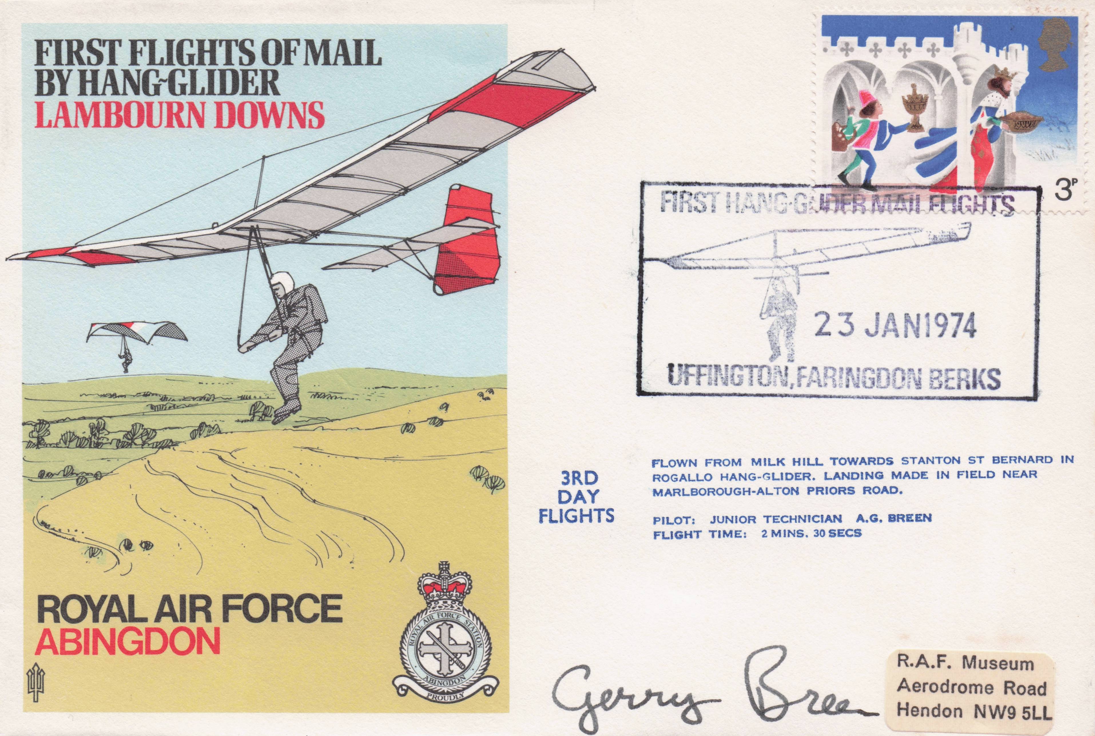 First Flights Of Postal Royal Mail Services By Hang Glider Abingdon Hand Signed FDC