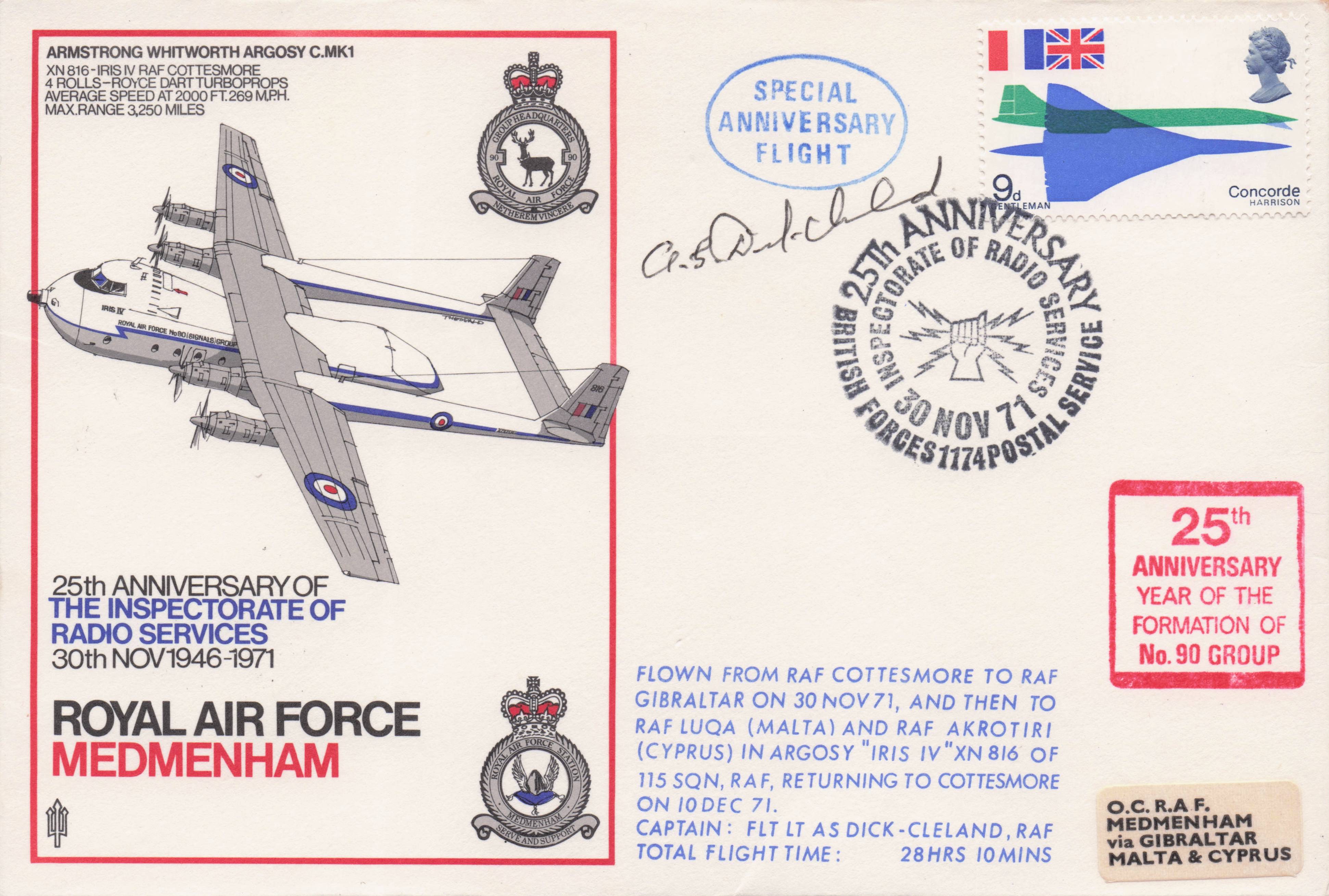 RAF Medmenham 1971 Radio Services 115 Squadron Military Hand Signed FDC