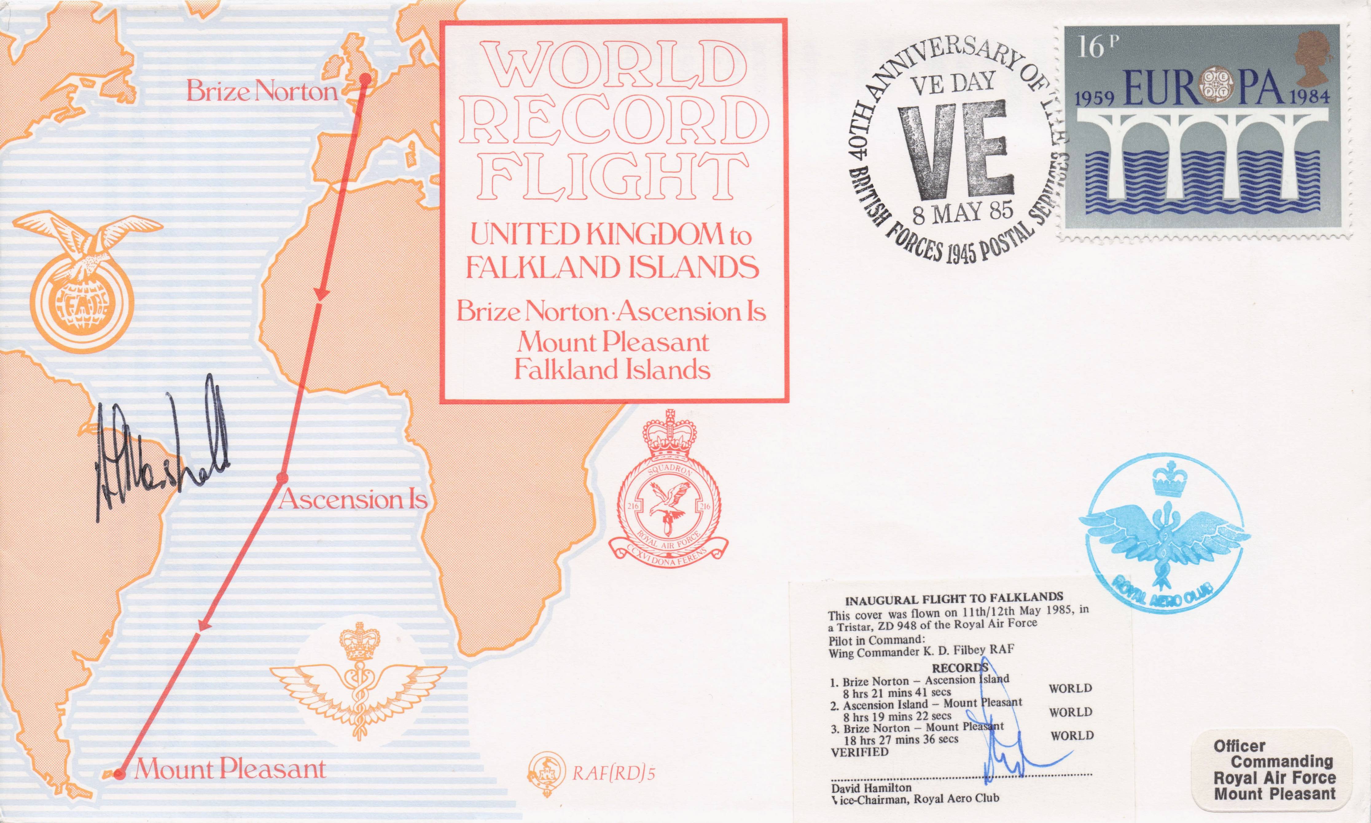 Falkland Islands War Mount Pleasant Map World Record Flight Hand Signed FDC