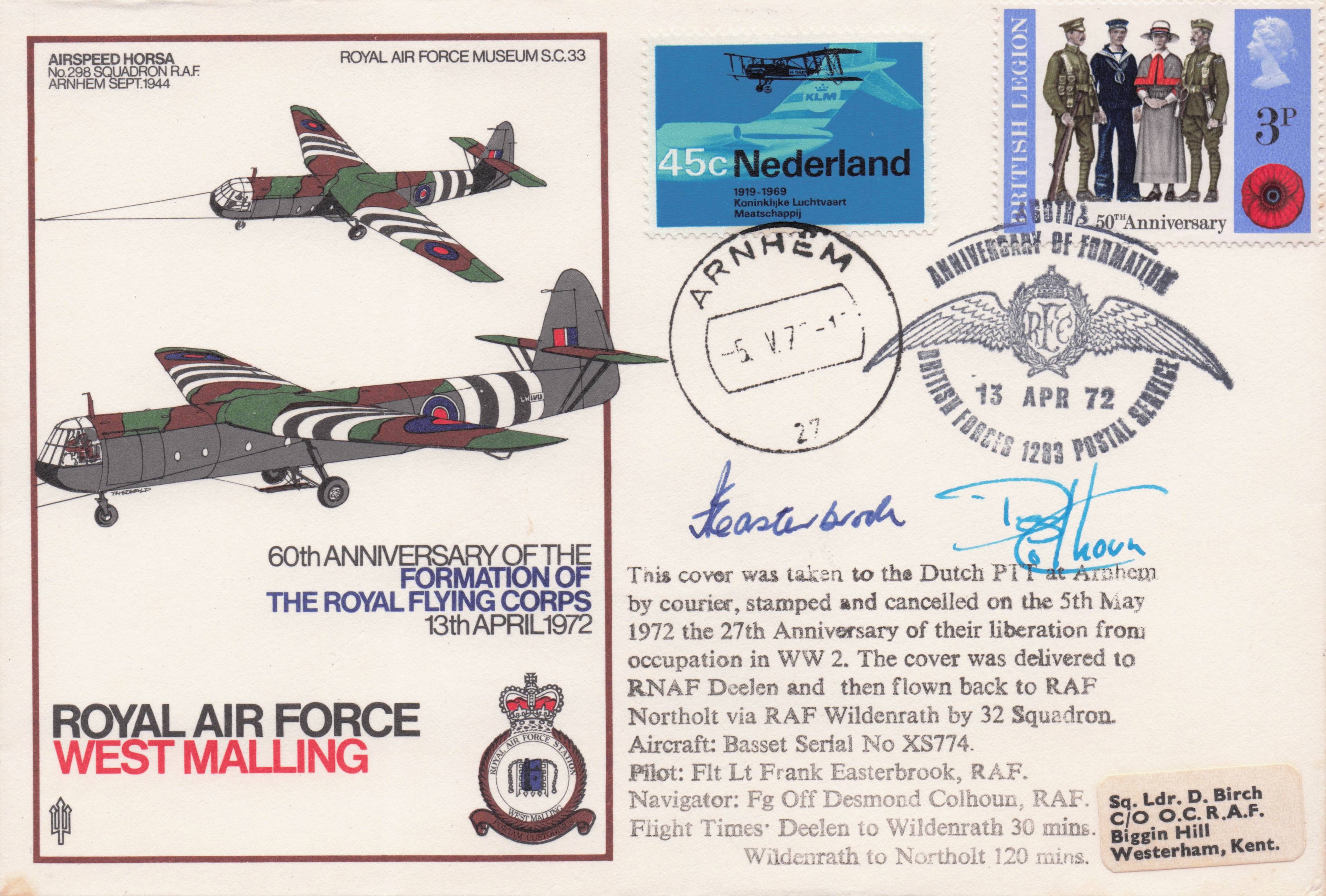 RAF West Malling Royal Flying Corps Formation Arnhem Military Hand Signed FDC
