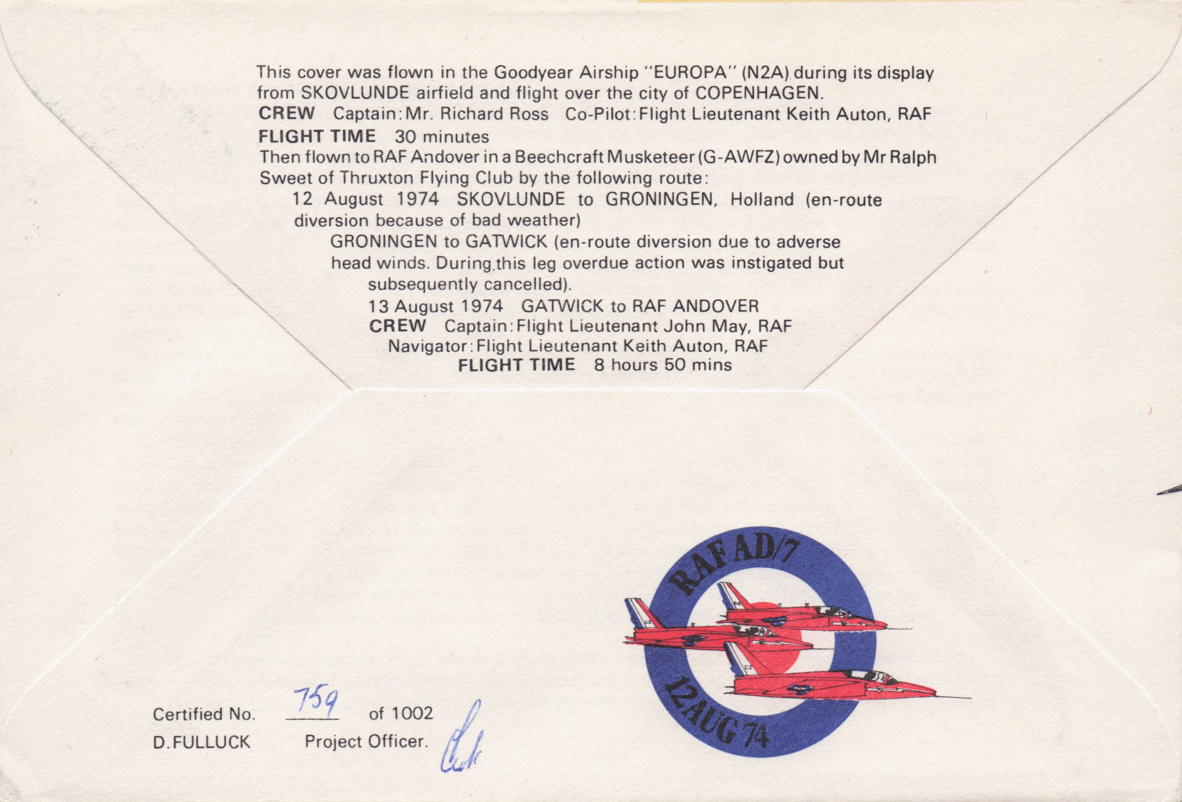Goodyear Copenhagen Denmark Airship Vintage Hand Signed Military FDC