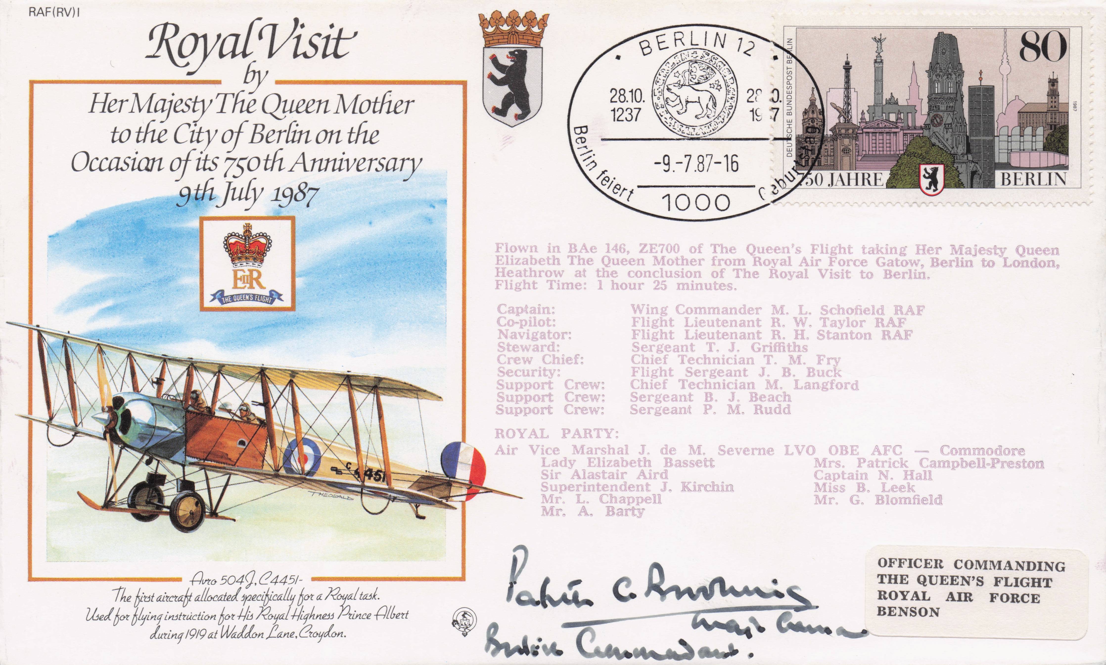 Queen Mother Royal Visit To Berlin Germany 1987 Multi Hand Signed FDC