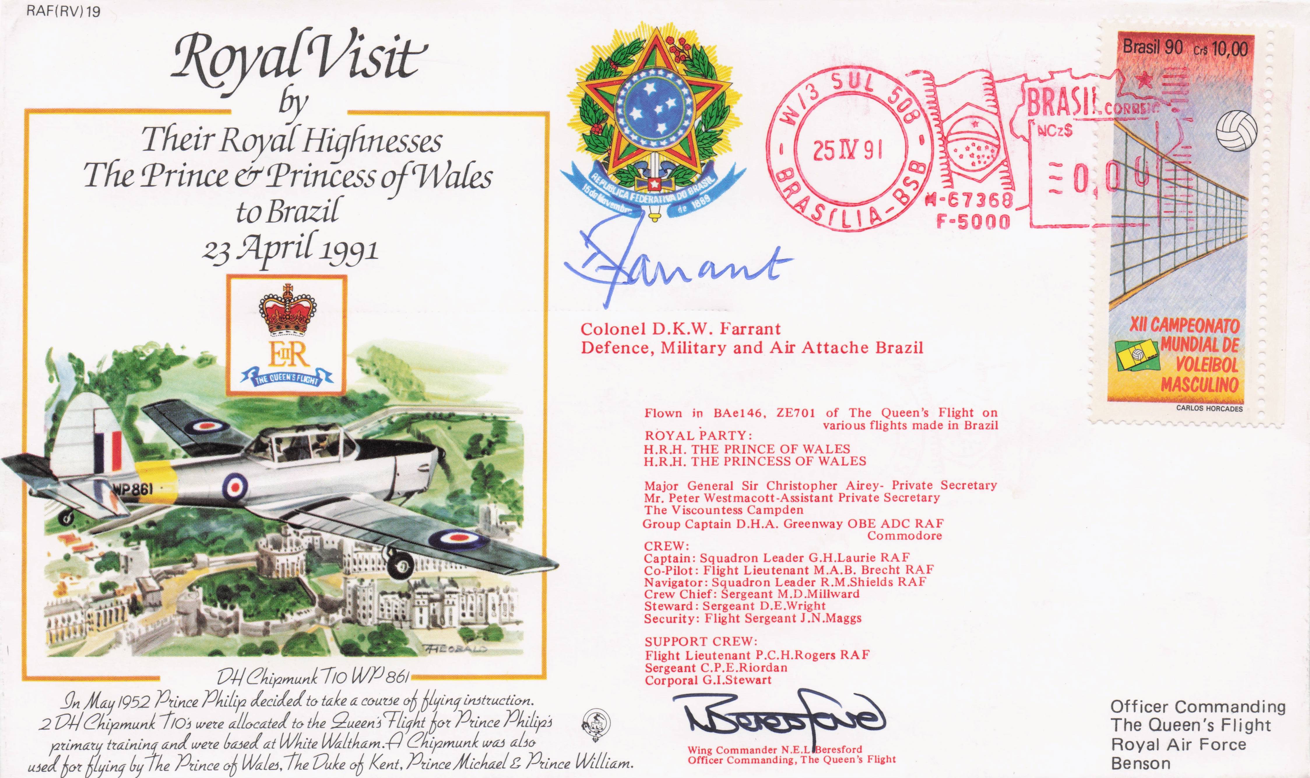 Princess Diana & King Charles 1991 Royal Visit To Brazil RARE Hand Signed FDC