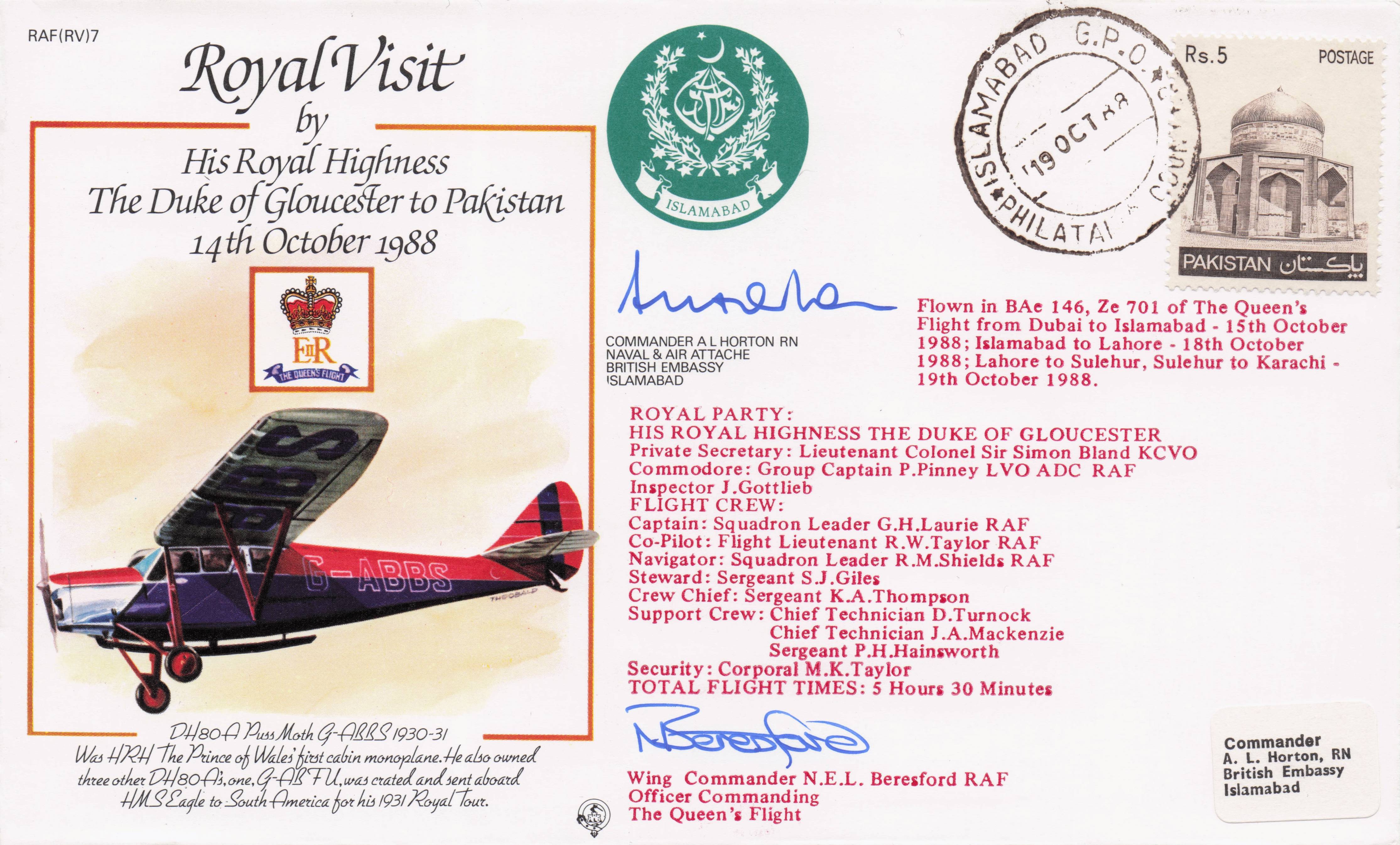 Duke Of Gloucester Royal Visit To Pakistan 1988 Multi Hand Signed FDC
