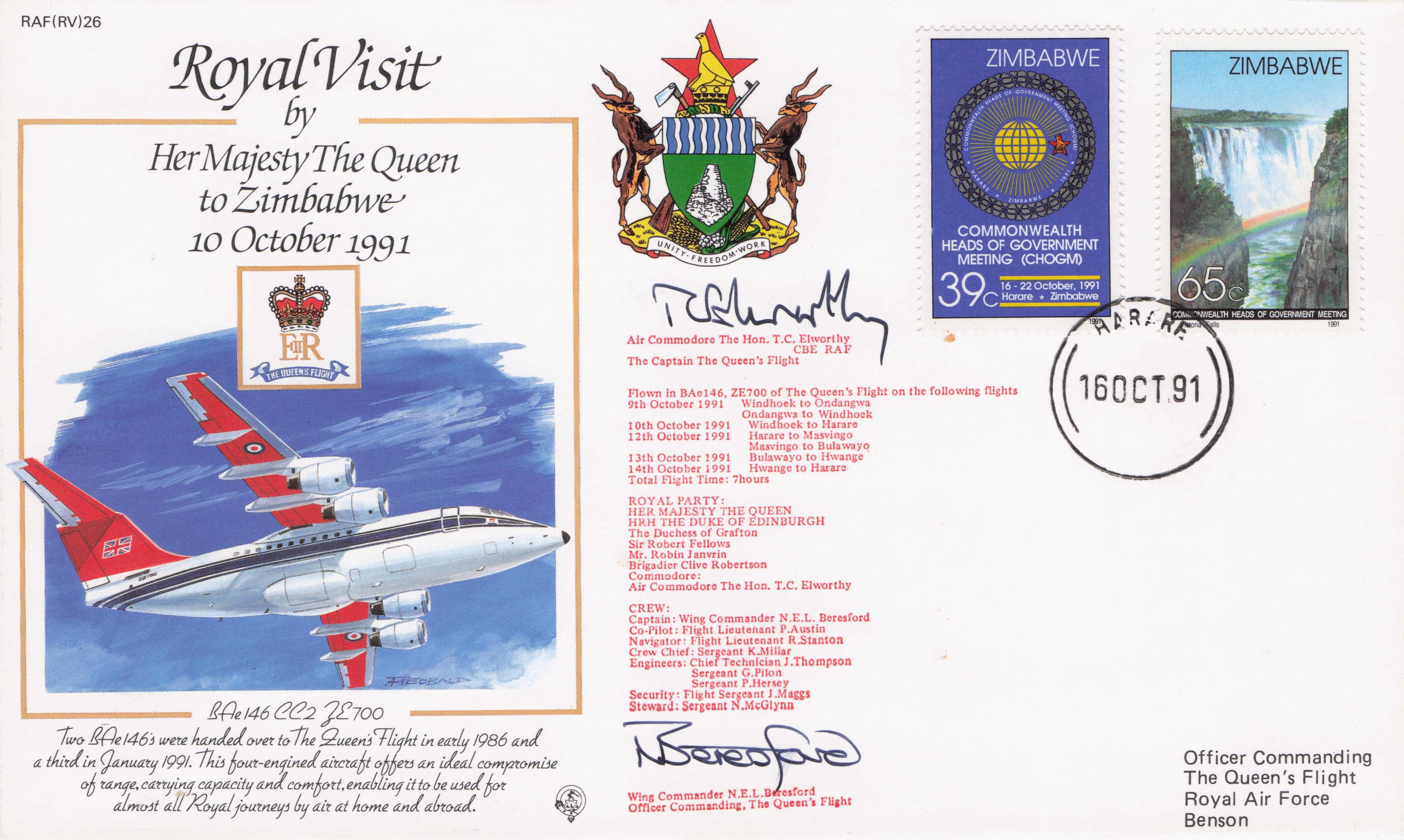 Queen Elizabeth 1991 Royal Visit To Zimbabwe Harare Multi Hand Signed FDC