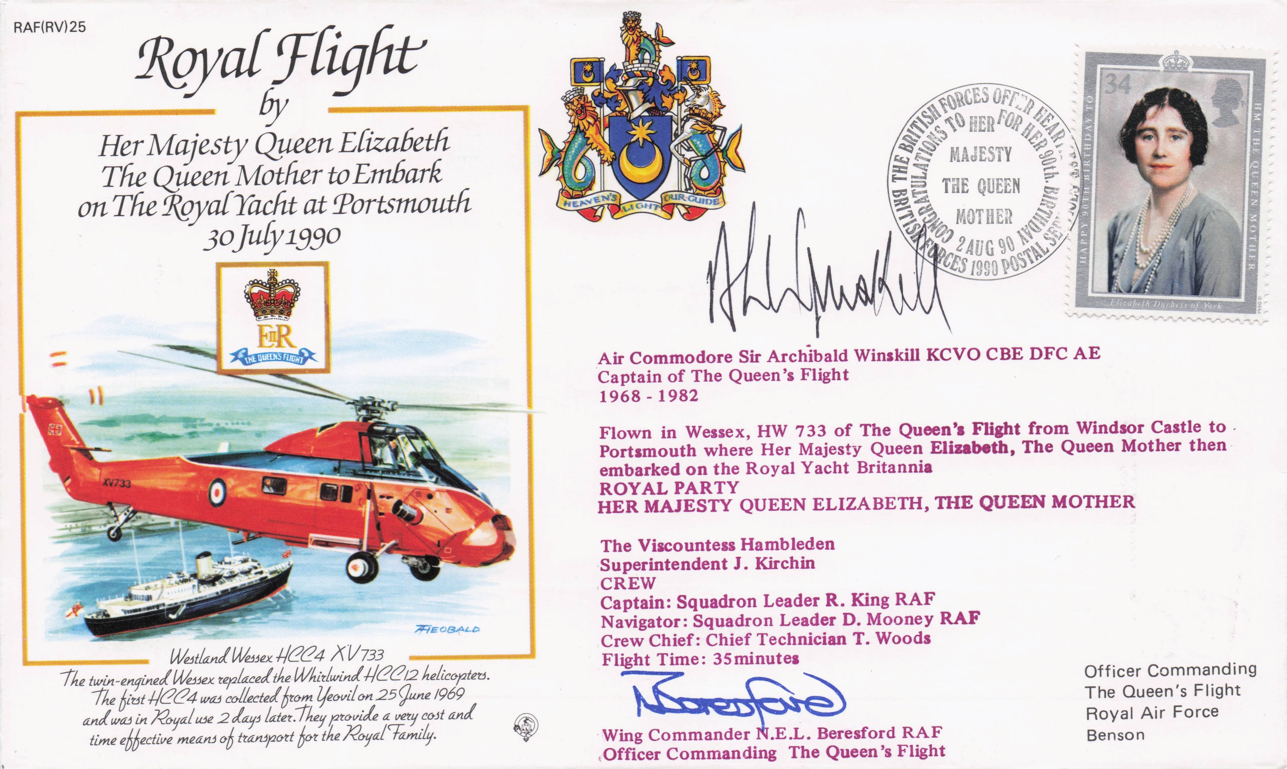 Queen Elizabeth Mother The Royal Flight To Embark 1990 Multi Hand Signed FDC