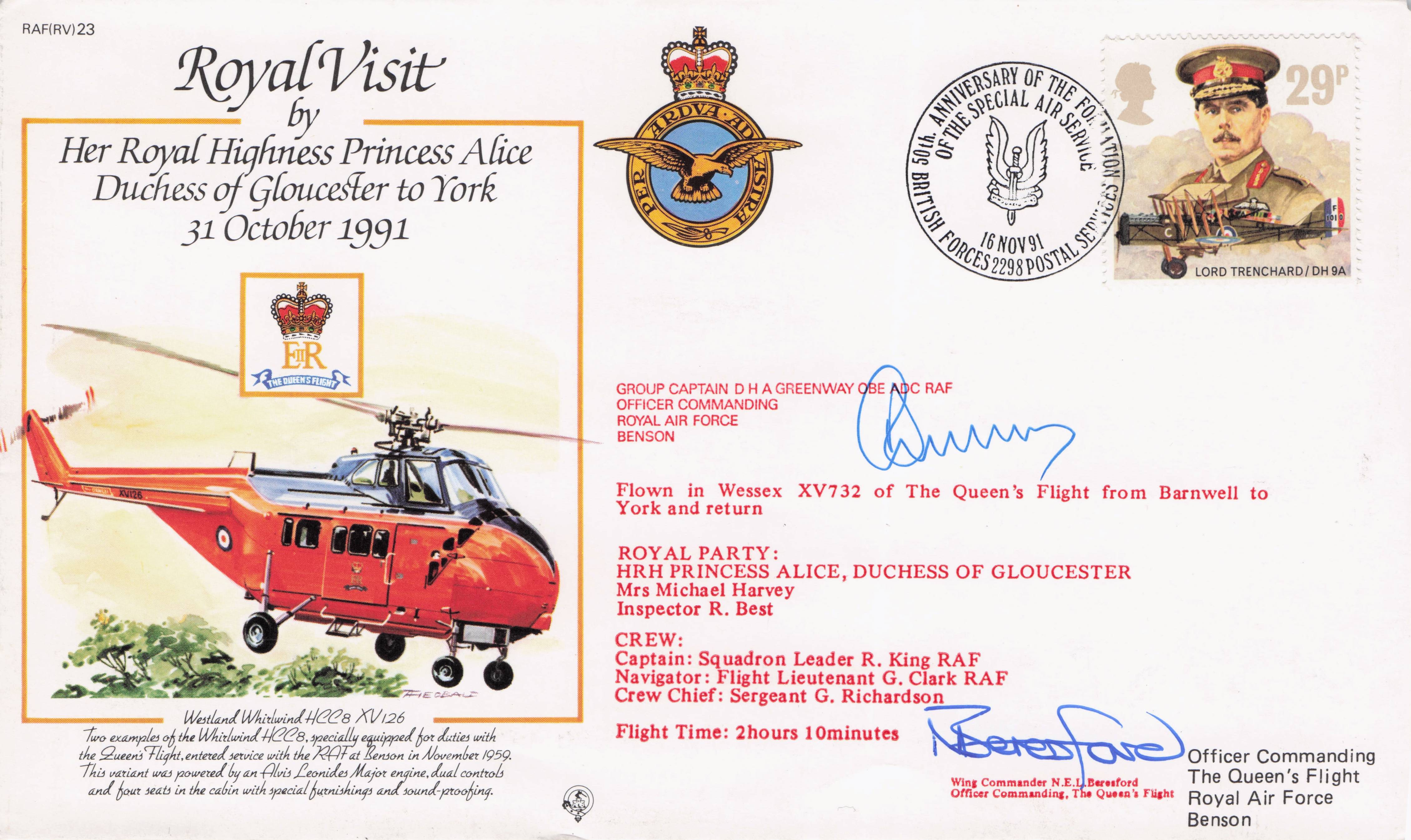 Princess Alice Royal Visit To York 1991 Helicopter Multi Rare Hand Signed FDC