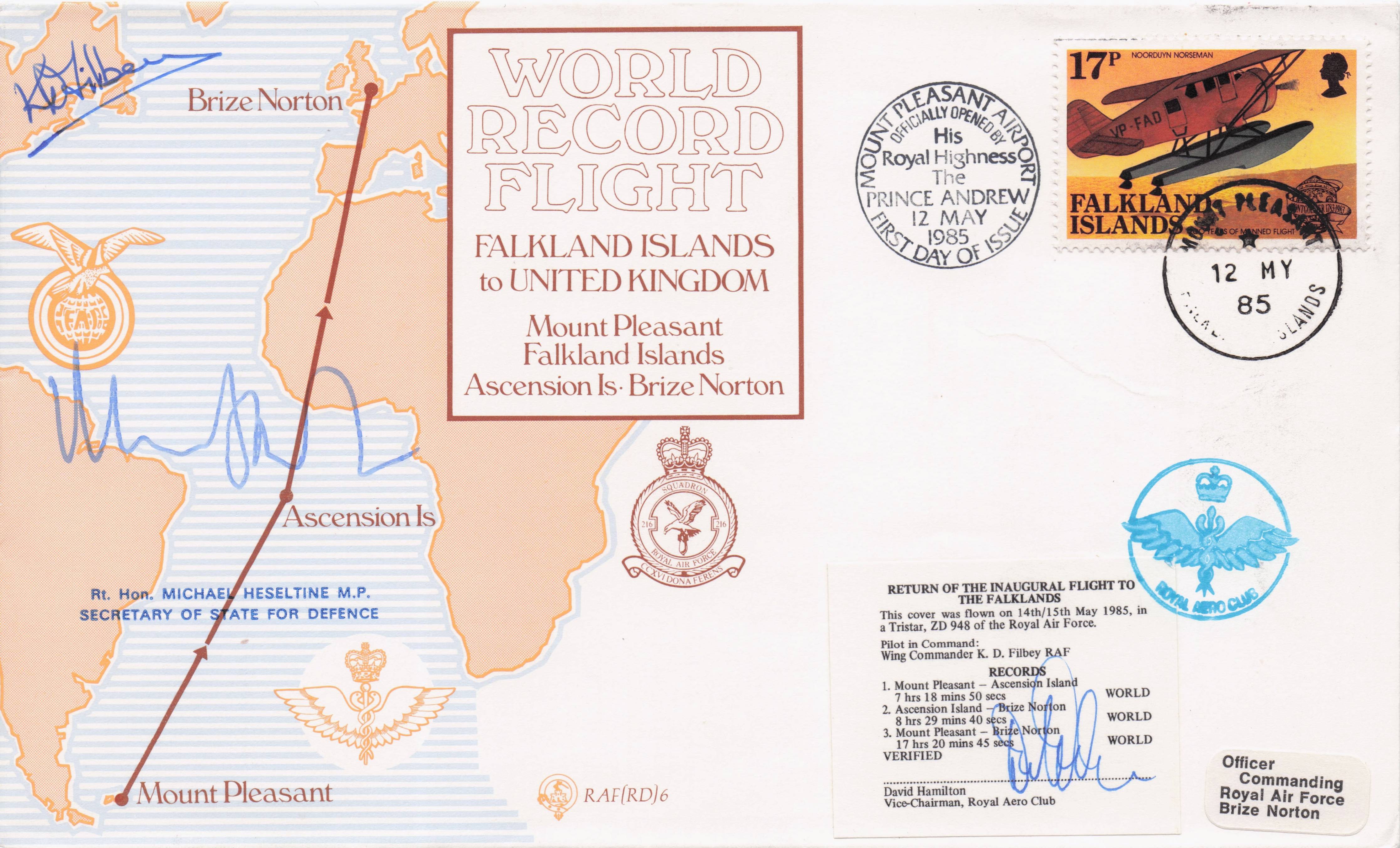 Falklands War World Record Flight Multi Military Army Hand Signed FDC