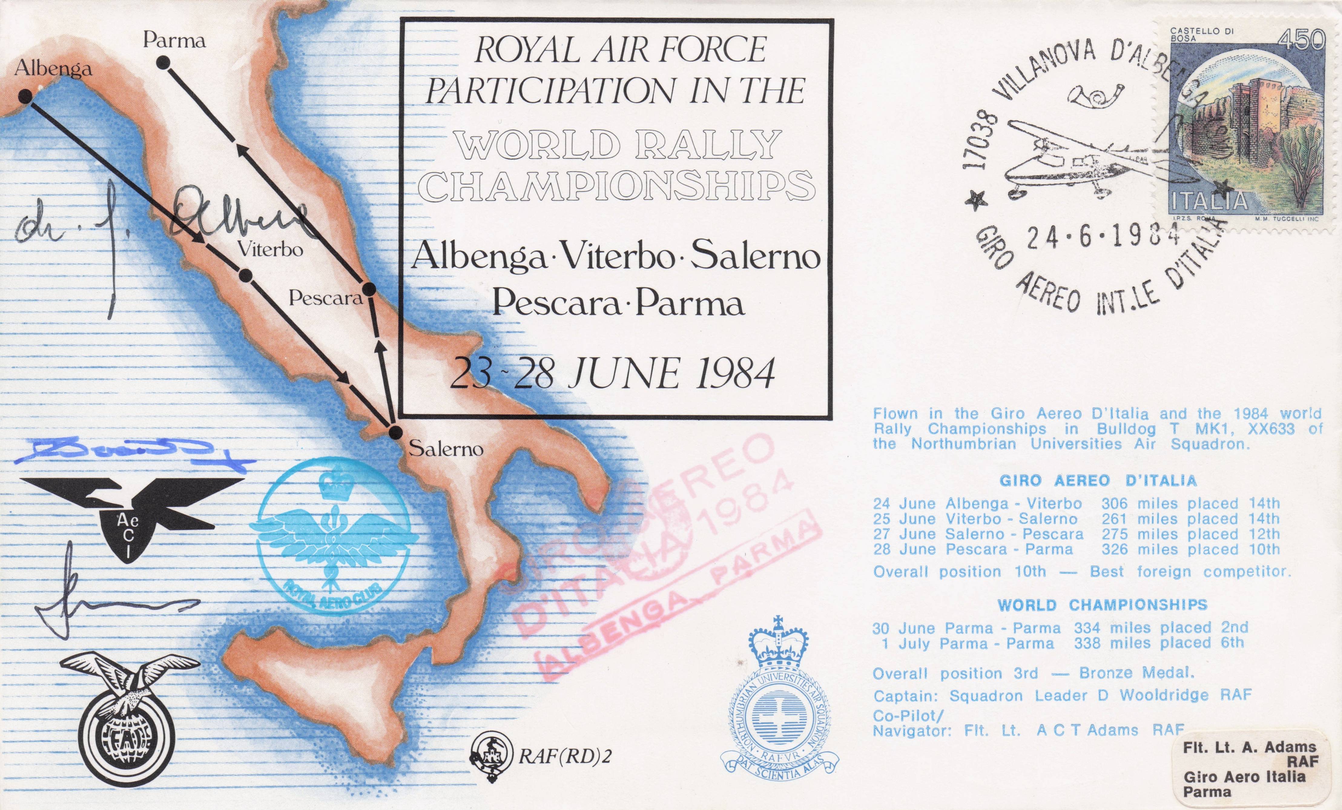 RAF 1984 World Rally Championships Parma Italy MULTI Hand Signed FDC