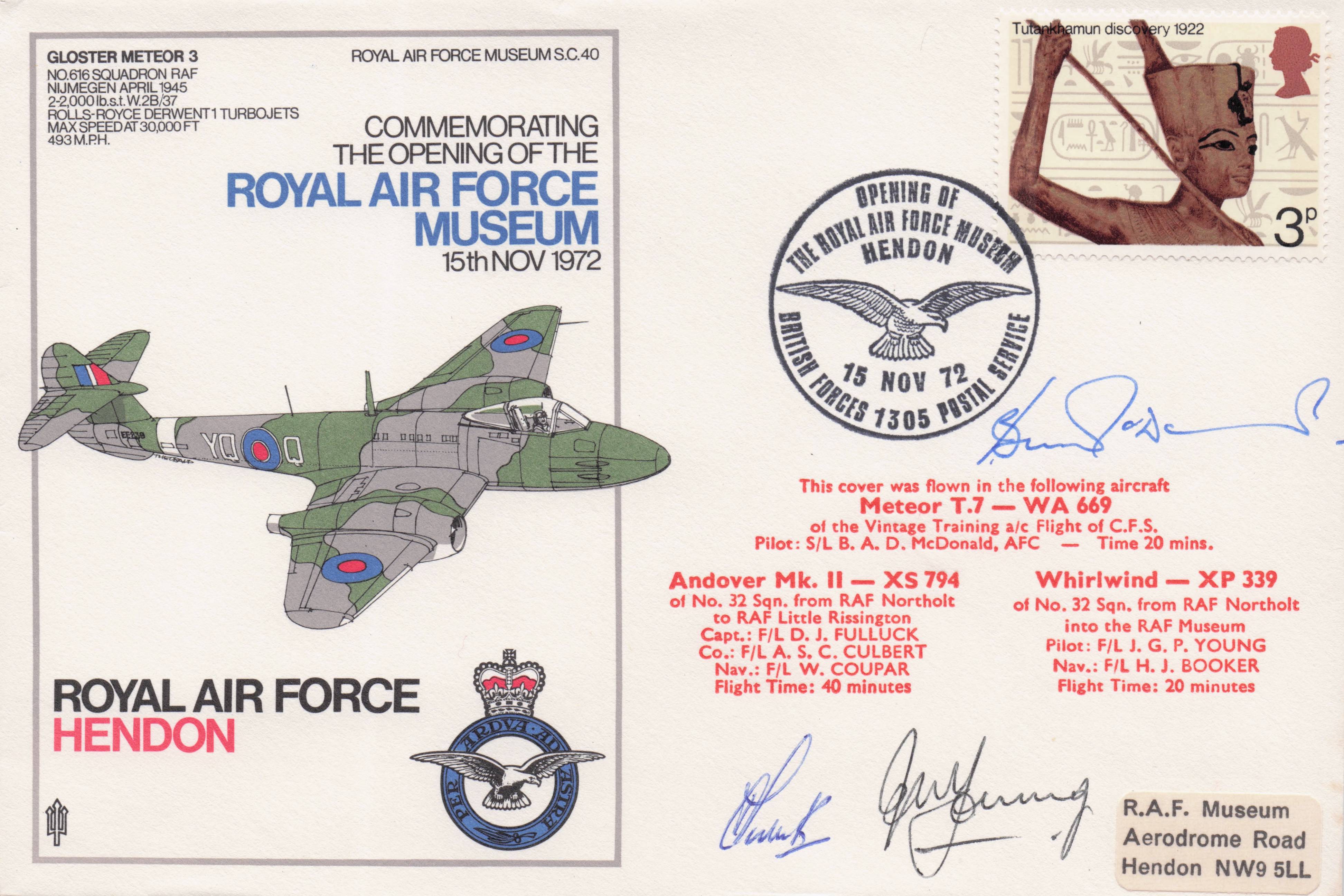 RAF Hendon Opening Museum 1972 MULTI 3x Hand Signed Military FDC