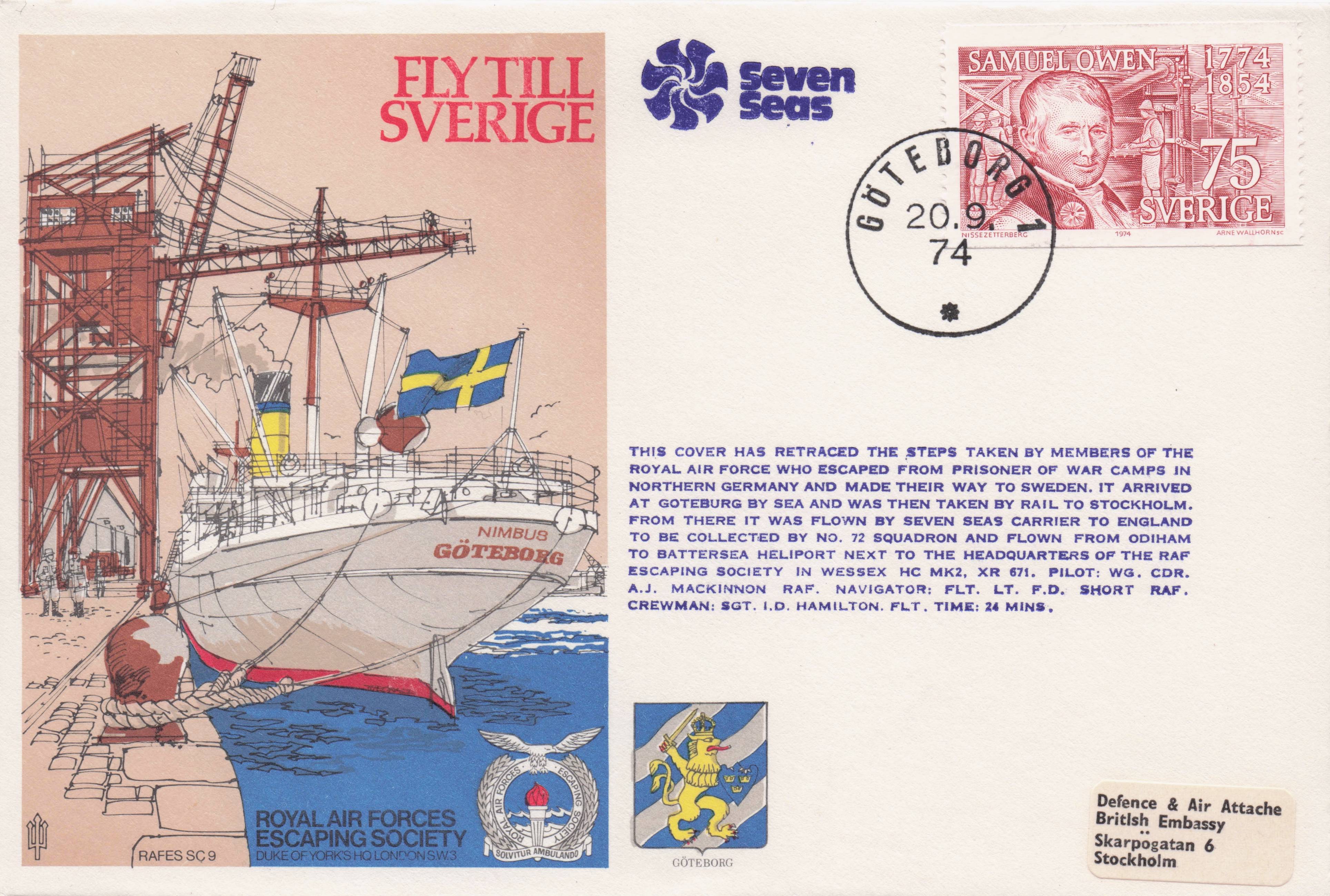 Fly Till Sverige Sweden Goteborg Ship 1974 Flown Ltd First Day Cover FDC