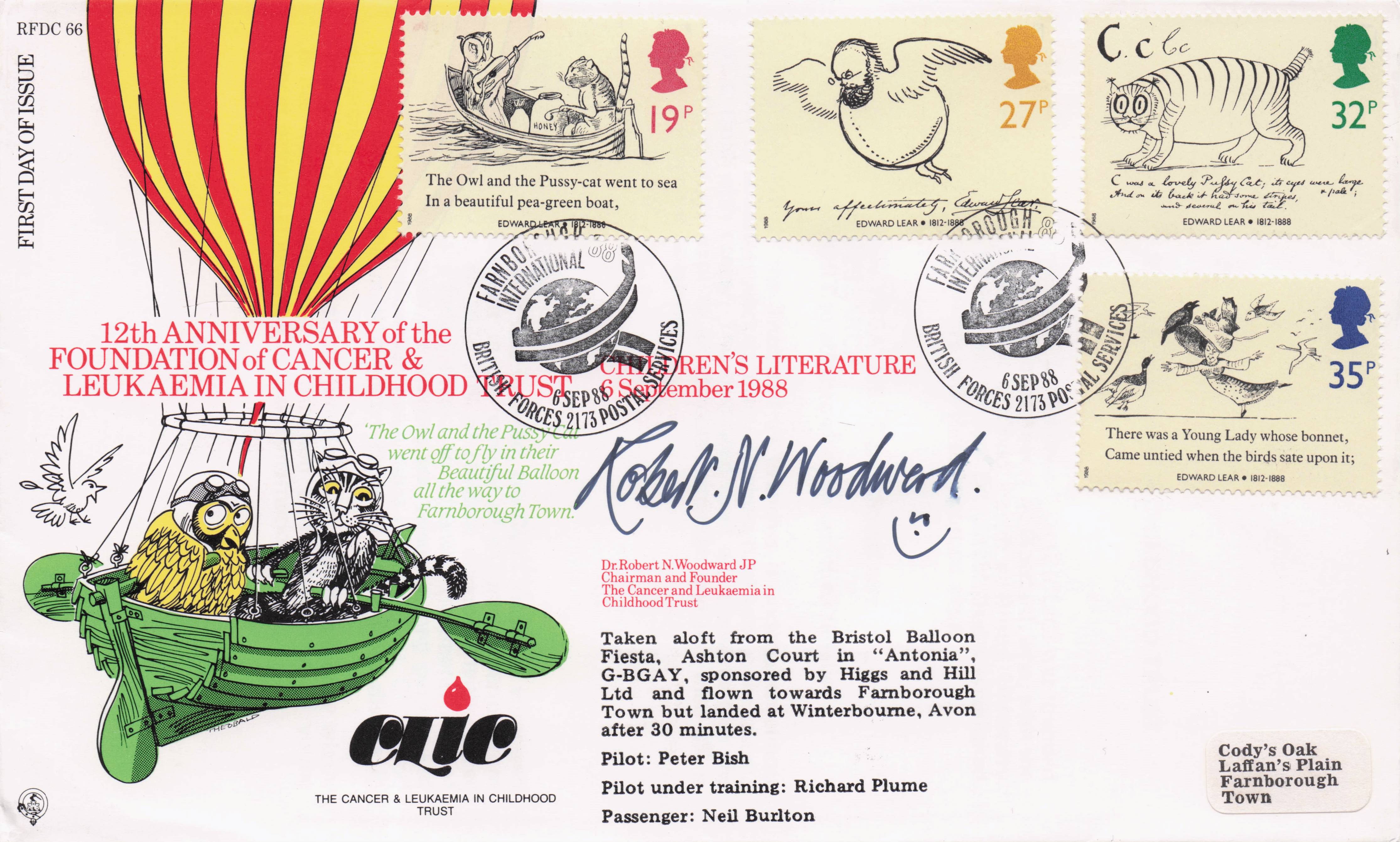 Owl & The Pussycat Hot Air Balloon Bristol 1988 Hand Signed Flown FDC