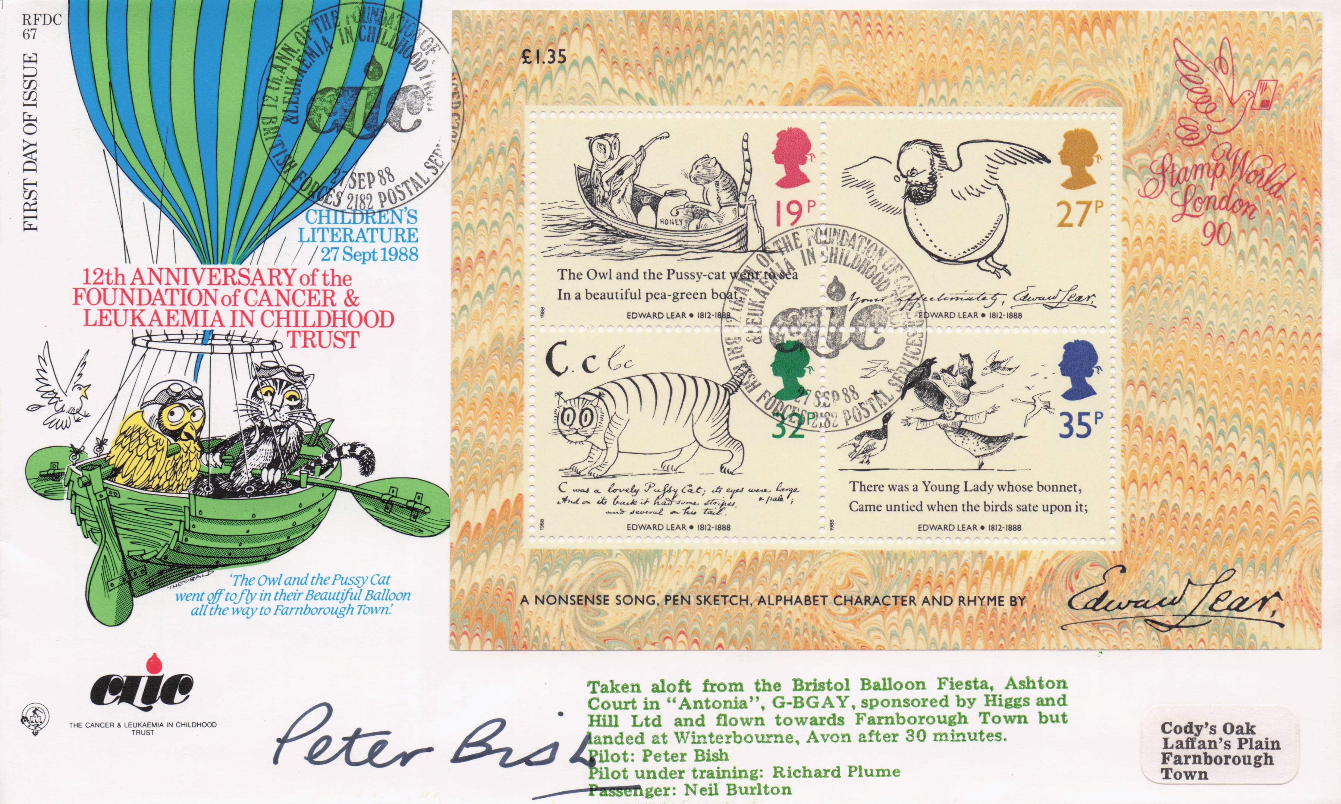 Owl & The Pussycat Hot Air Balloon Pilot Captain Hand Signed Flown FDC