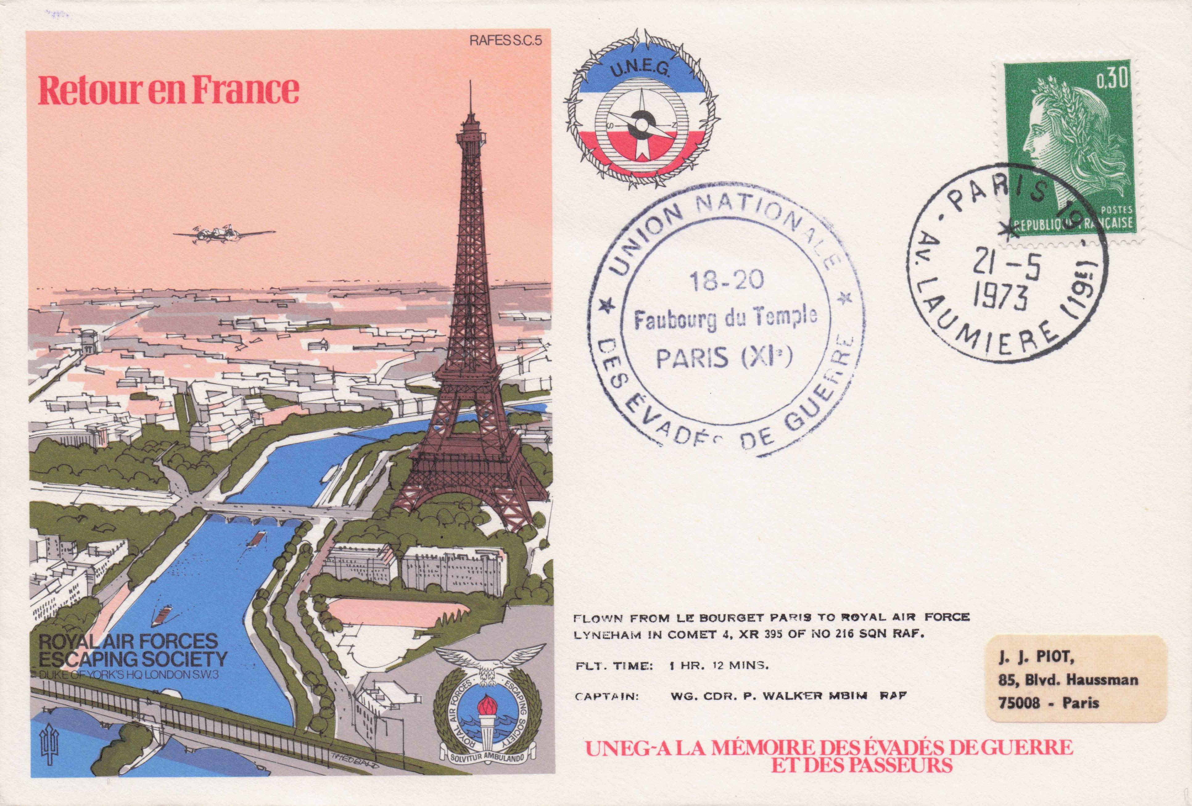 Retour En France RAF Rare Flown Military Royal Air Forces Escaping Society FDC