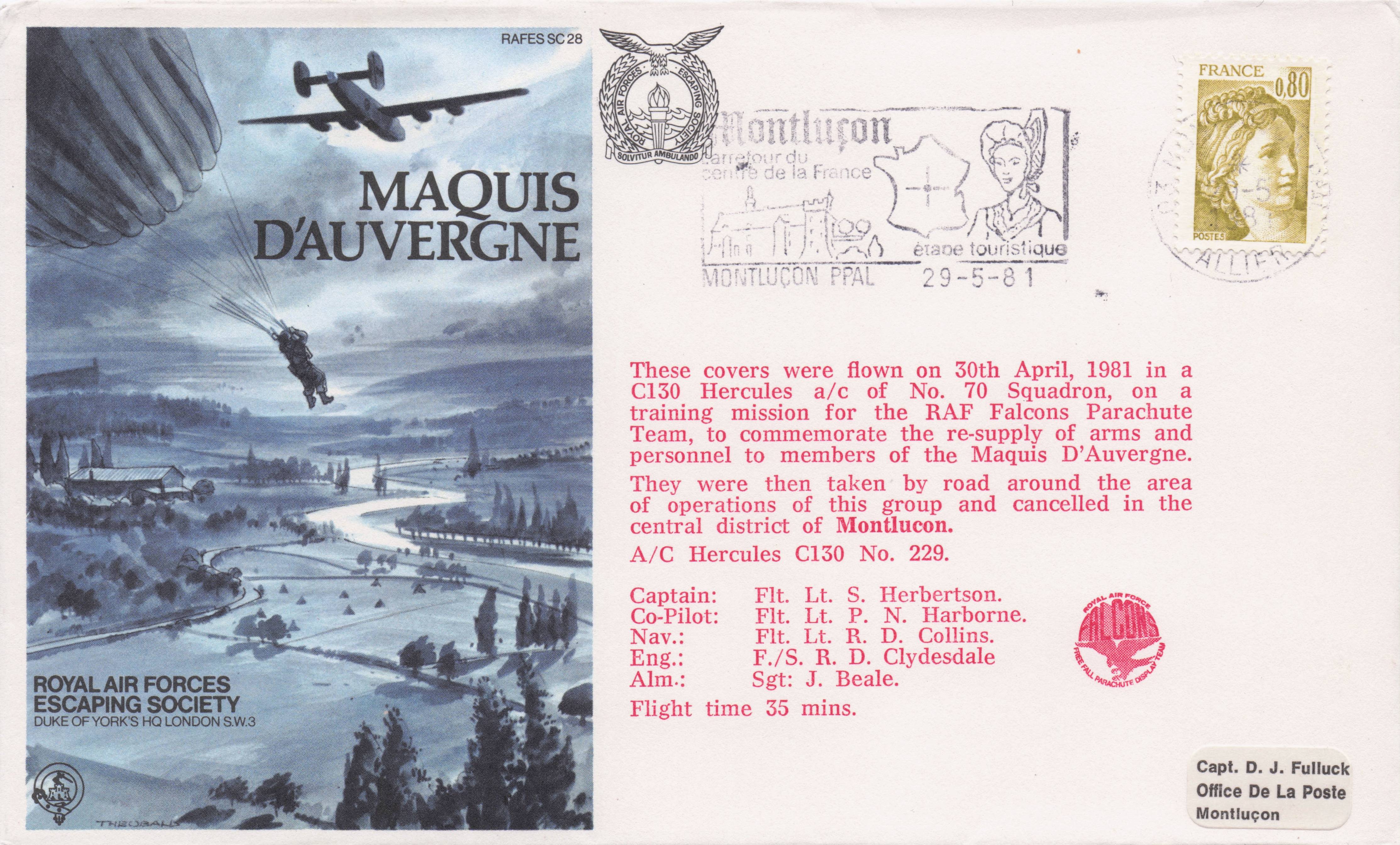 French Maquis D'Auvergne WW2 Royal Air Forces Escaping Society FDC