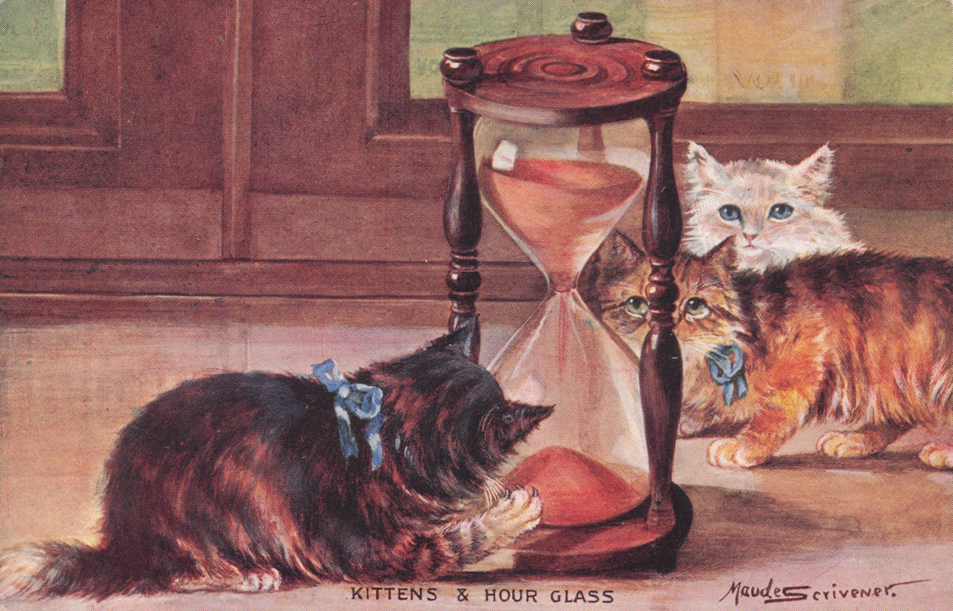Kittens & Hour Glass Cats Maude Scrivener Old Postcard