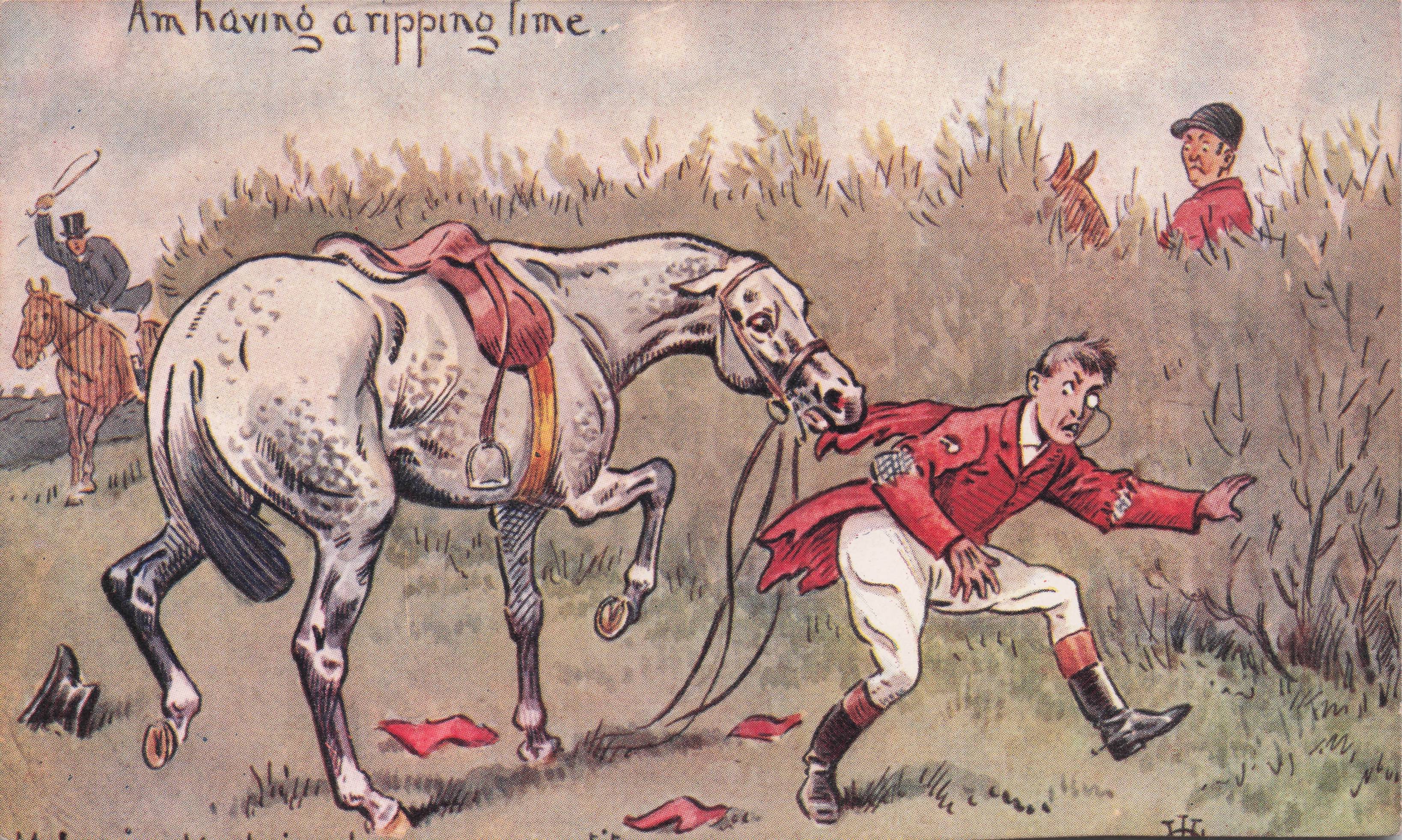 Fox Hunting Man Eyeglass Broken Horse Disaster Antique Comic Postcard