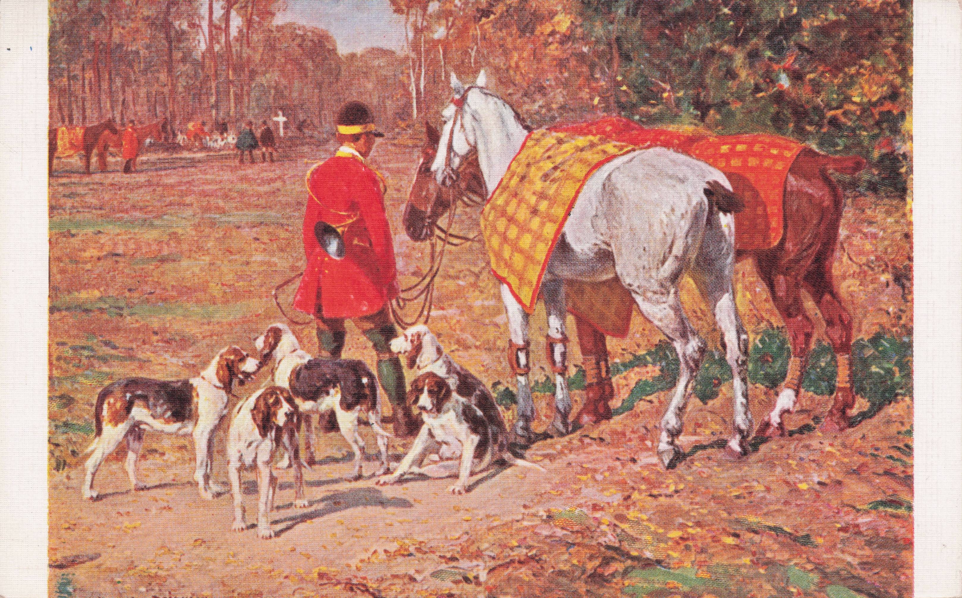 French Fox Hunting Party Horse Yellow Tartan Cloth Antique Postcard