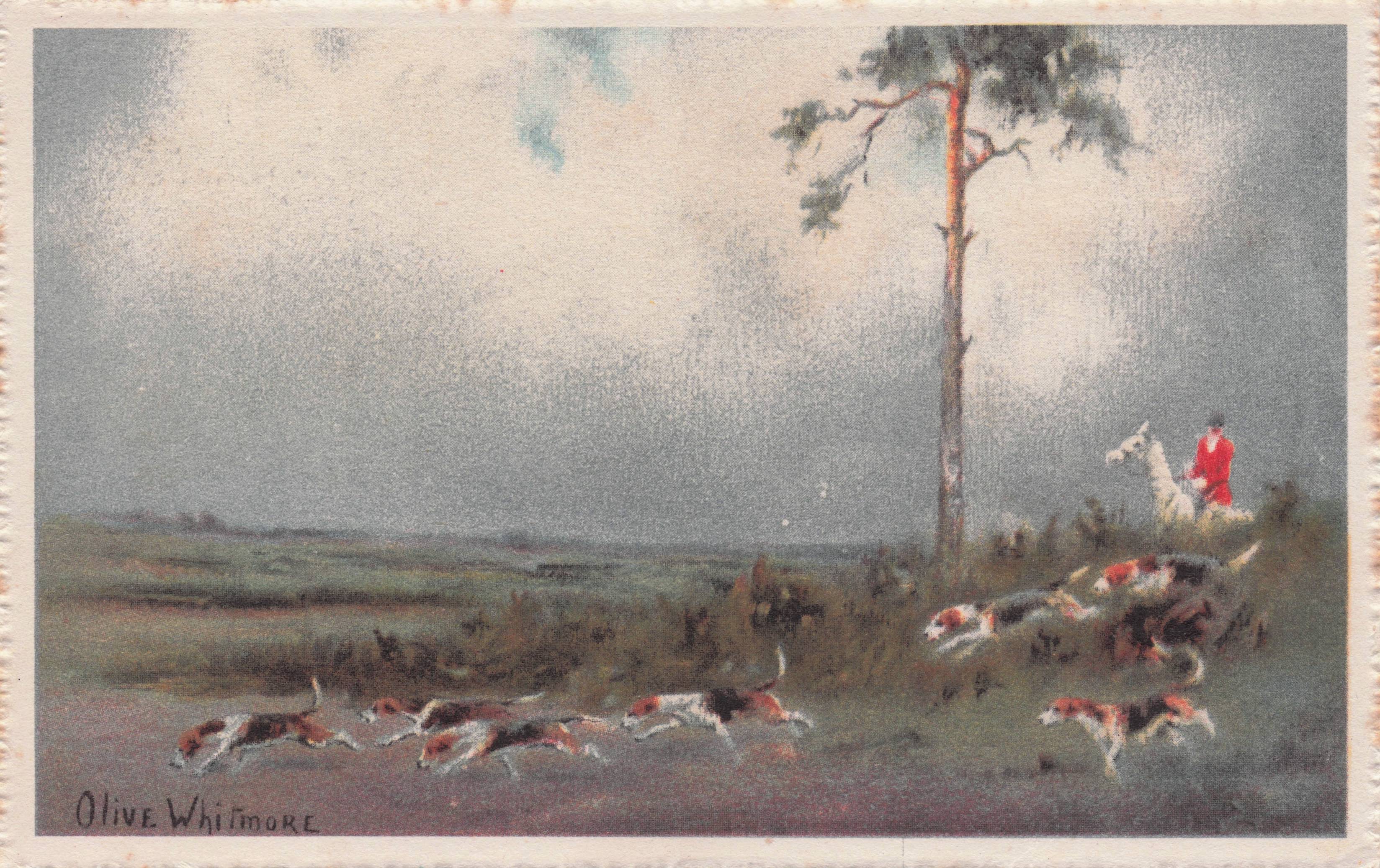 Crazy Chasing Fox Hunting Dogs At Dusk Olive Whitmore Old Postcard