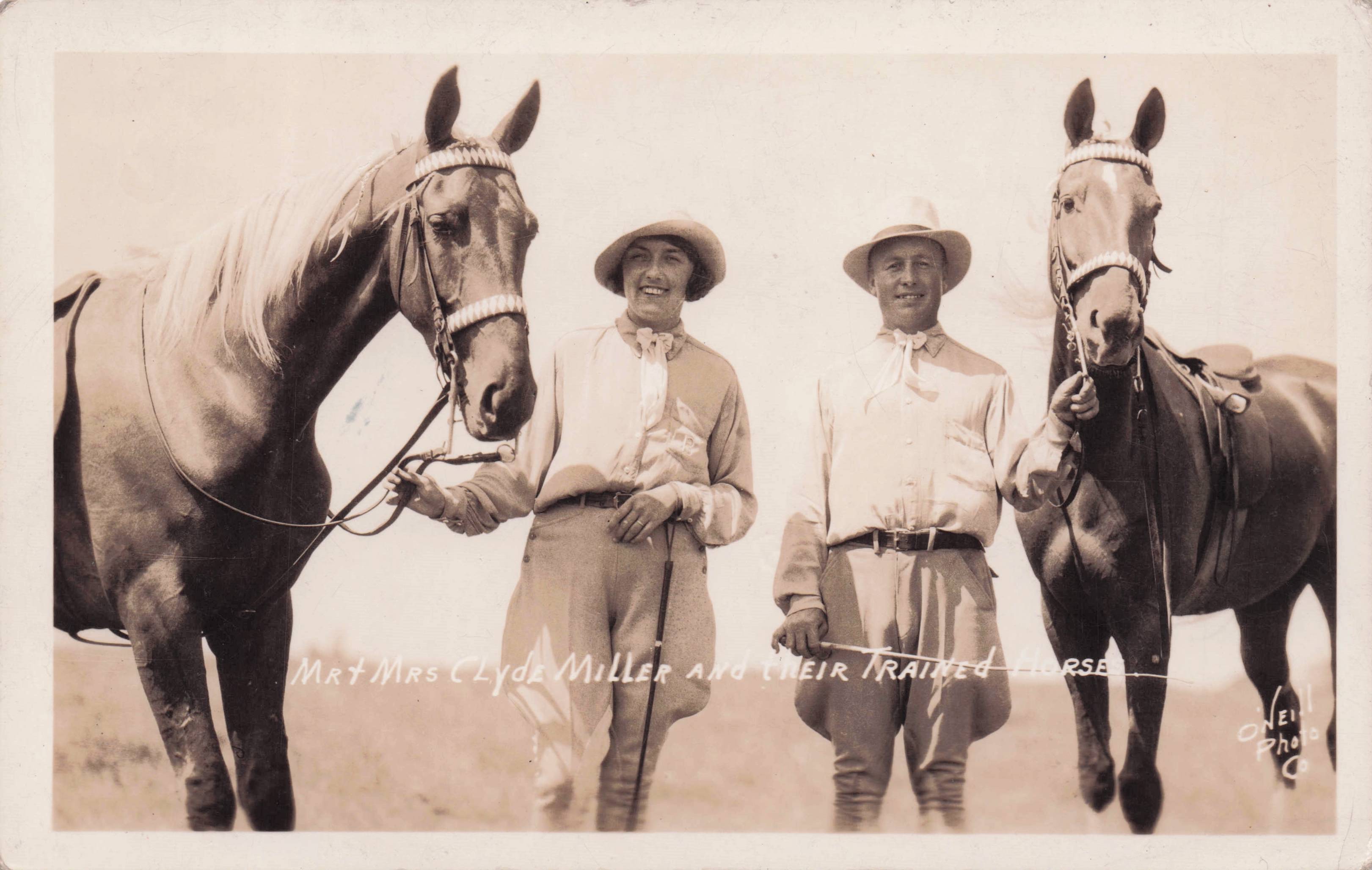 Clyde J Miller & Wife Cowboy Their Trained Horses Old Real Photo Postcard