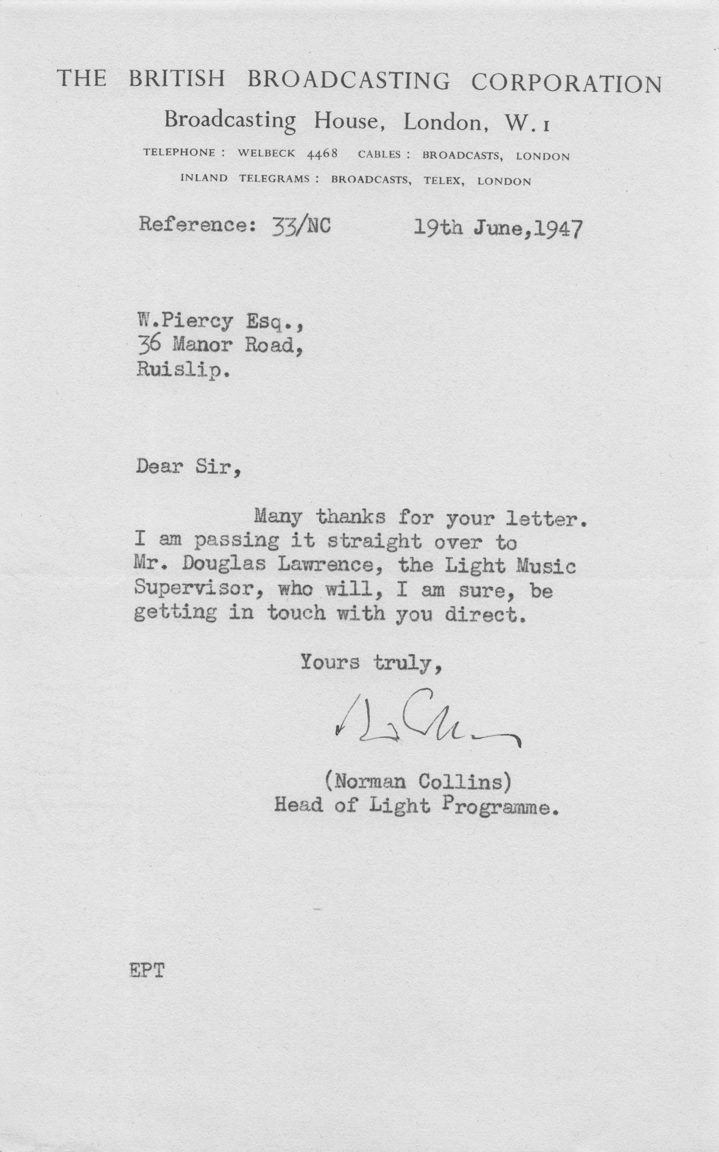Norman Collins BBC Music ITV Television Launch Creator Hand Signed Letter