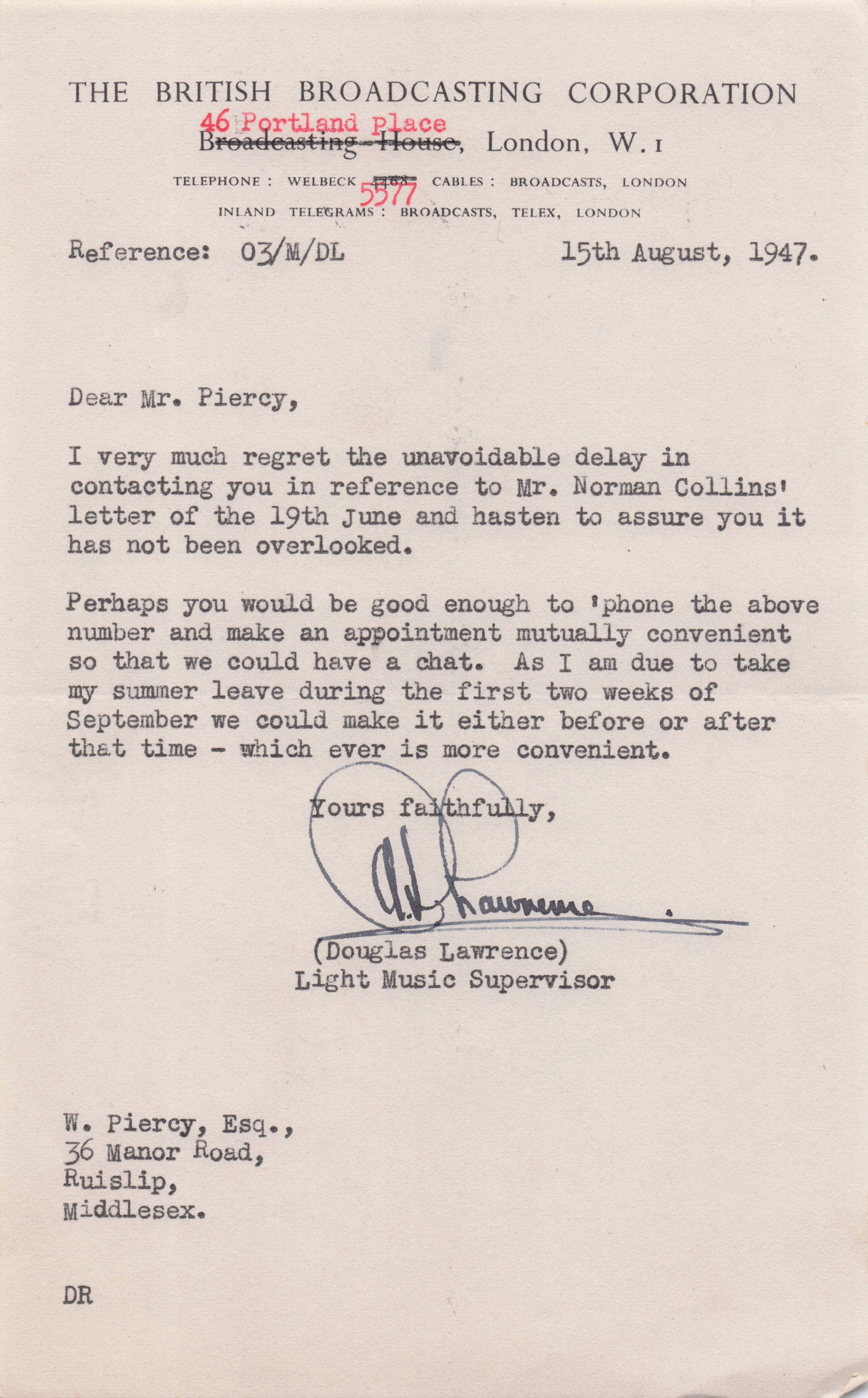 Douglas Lawrence BBC Music Composer Director Hand Signed Letter