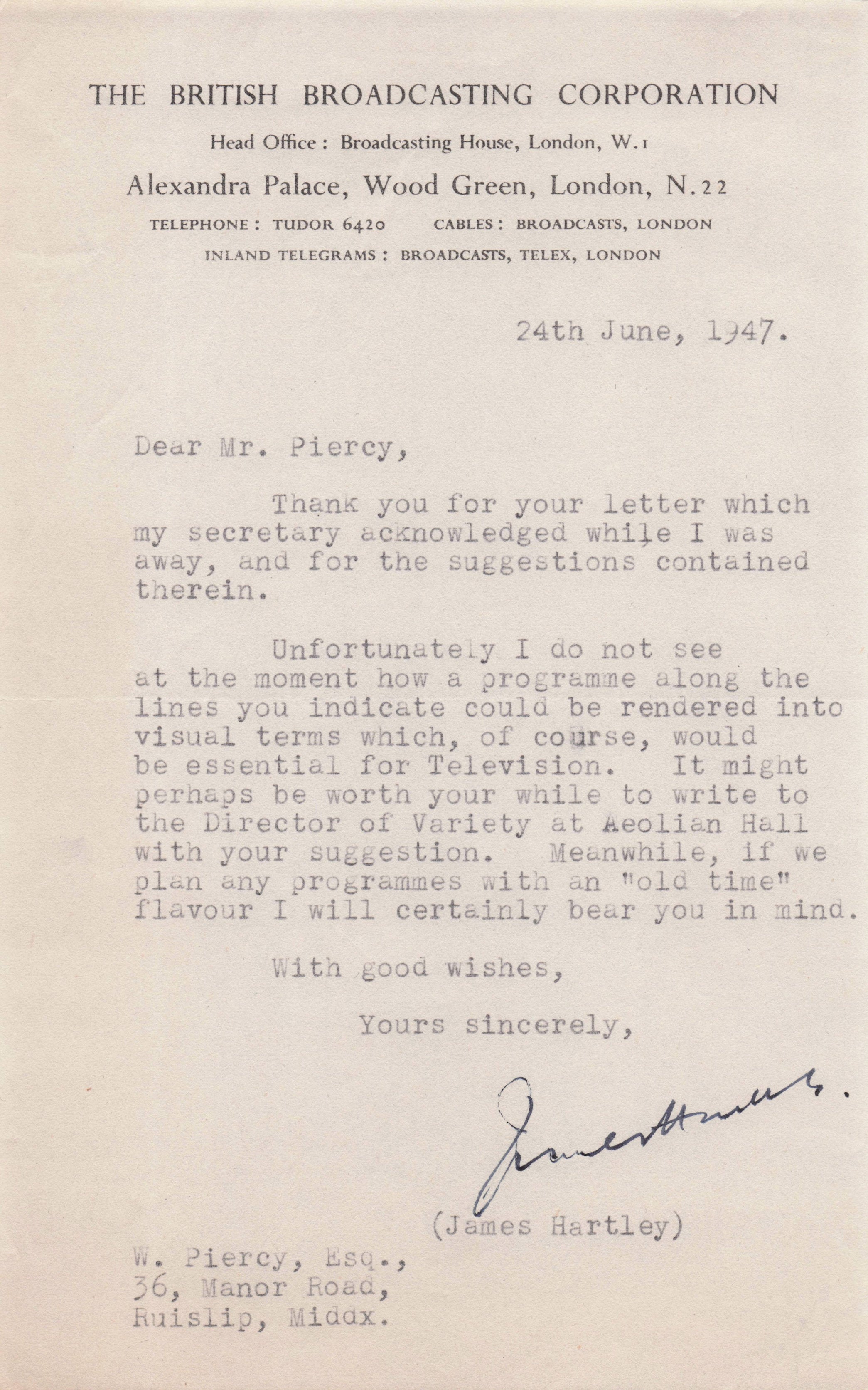 James Hartley BBC Television World Theatre Composer Old Hand Signed Letter